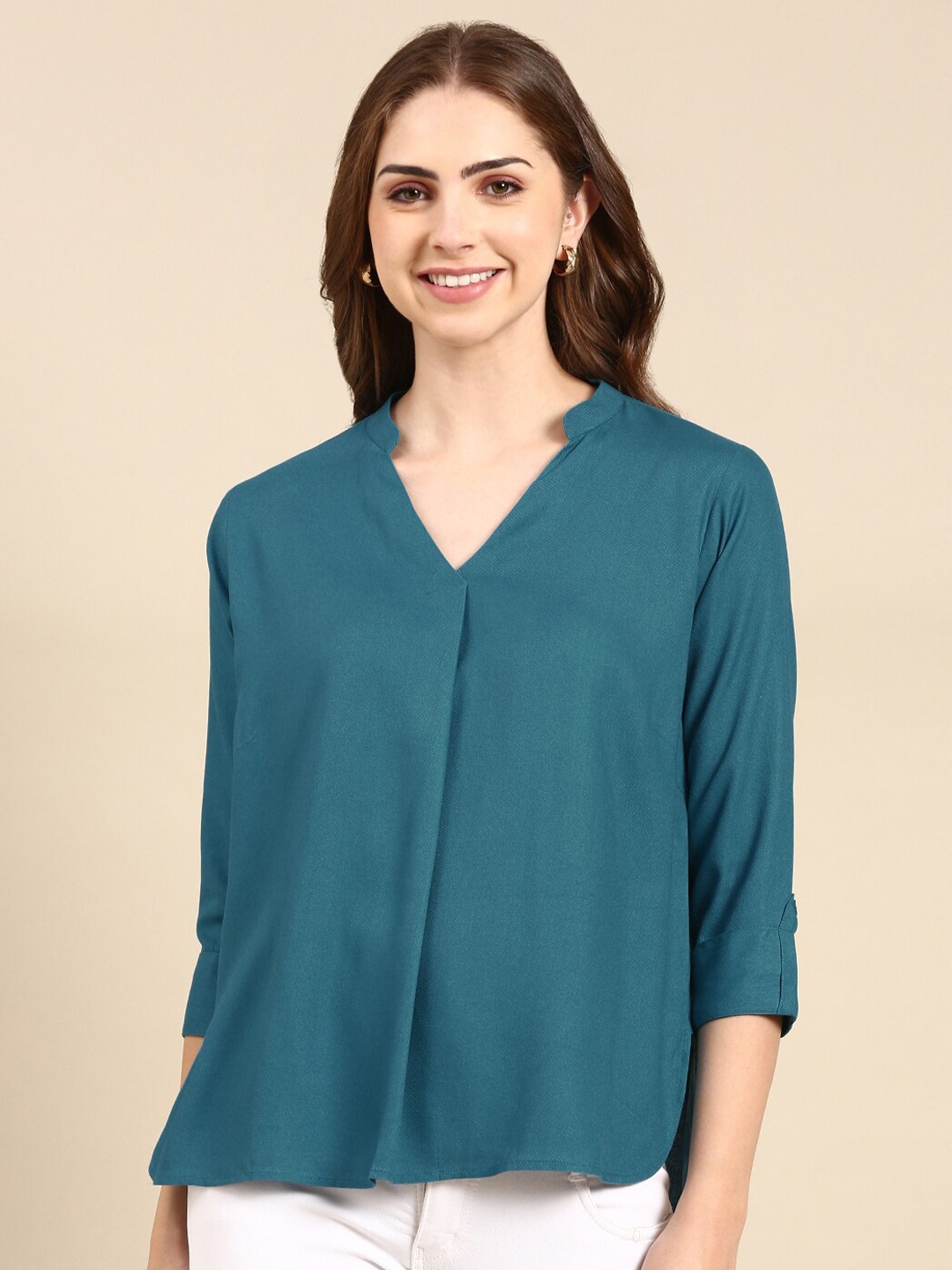 

MALHAAR Mandarin Collar Cuffed Sleeves Casual Top, Teal