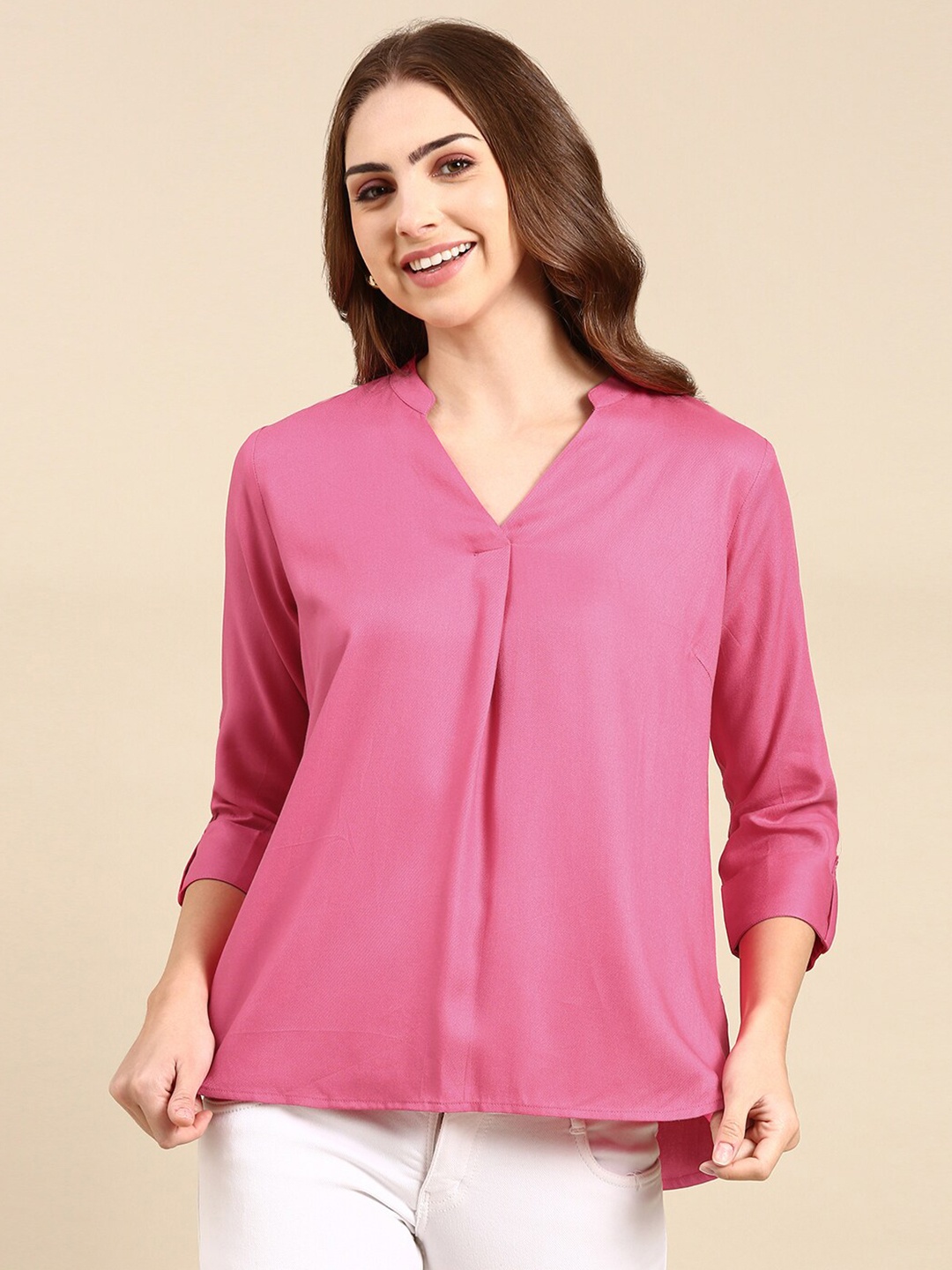 

MALHAAR Mandarin Collar Cuffed Sleeves Pleated Top, Pink