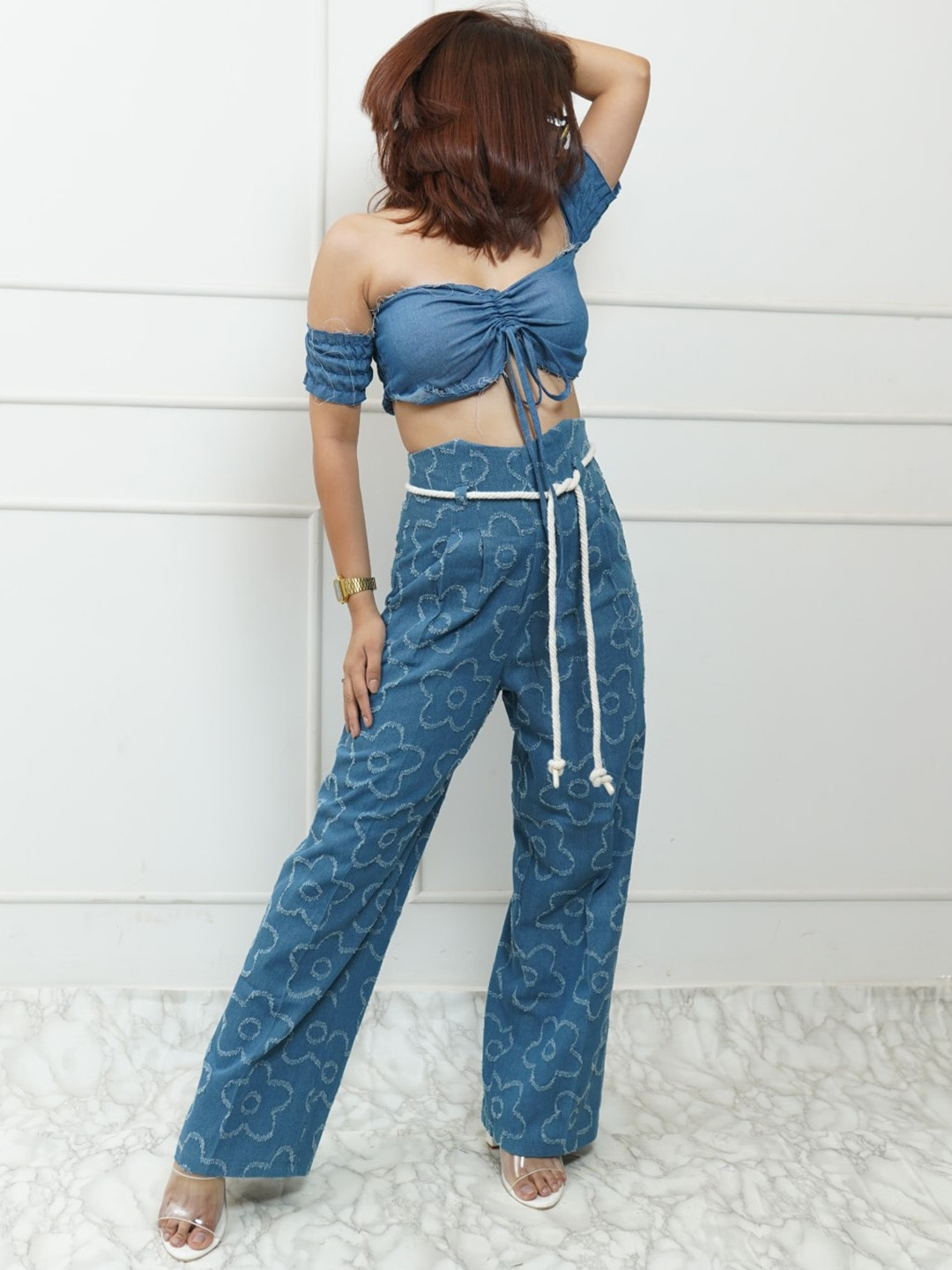 

StyleAsh Off-Shoulder Padded Denim Top & Trouser, Blue