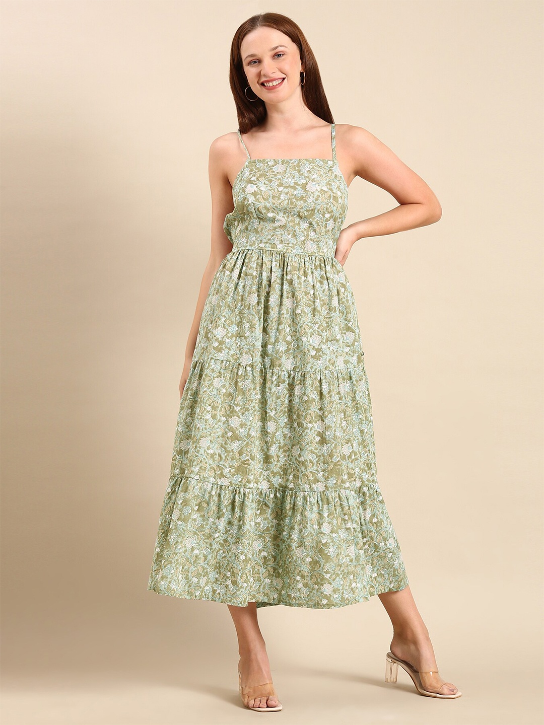 

Mast & Harbour Green Floral Printed Shoulder Straps Tie Up Cotton Tiered Fit & Flare Dress