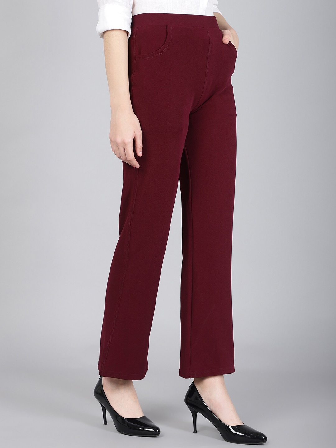 

FITHUB Women Relaxed Straight Leg Flared High-Rise Easy Wash Cotton Parallel Trousers, Maroon