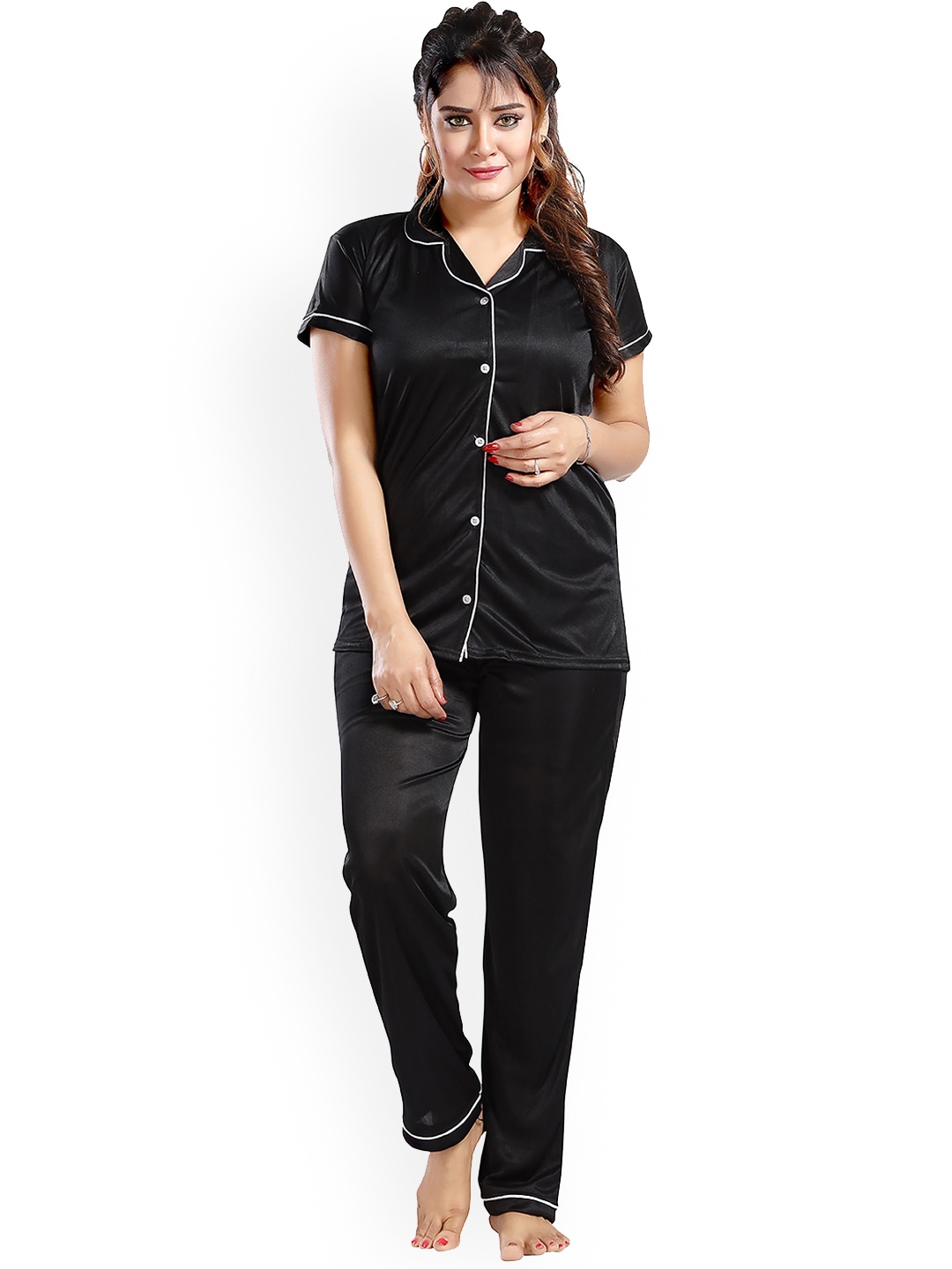 

FOMTI Women Lapel Collar Short Sleeves Shirt & Pyjamas, Black