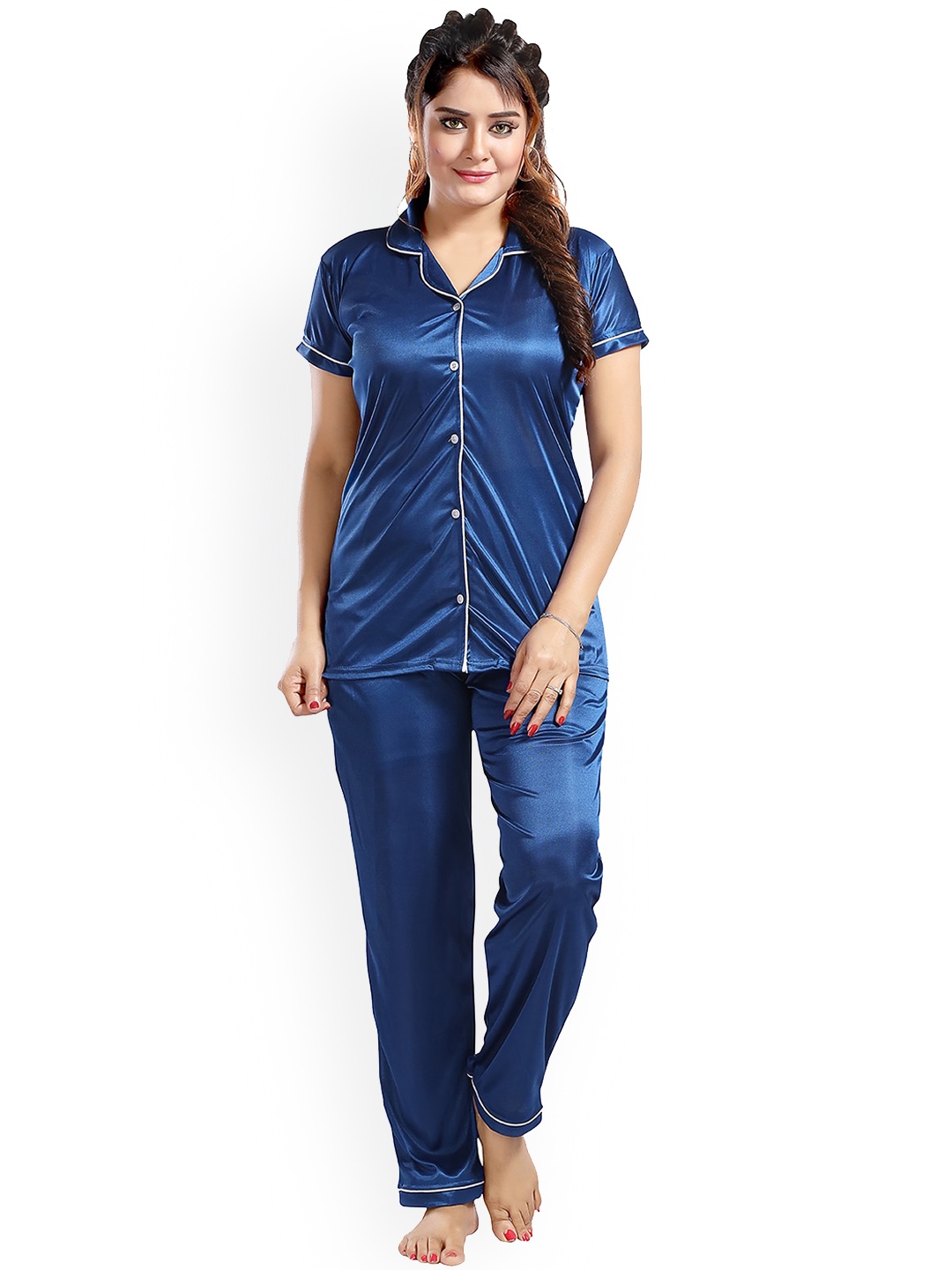 

FOMTI Women Lapel Collar Short Sleeves Shirt & Pyjamas, Blue