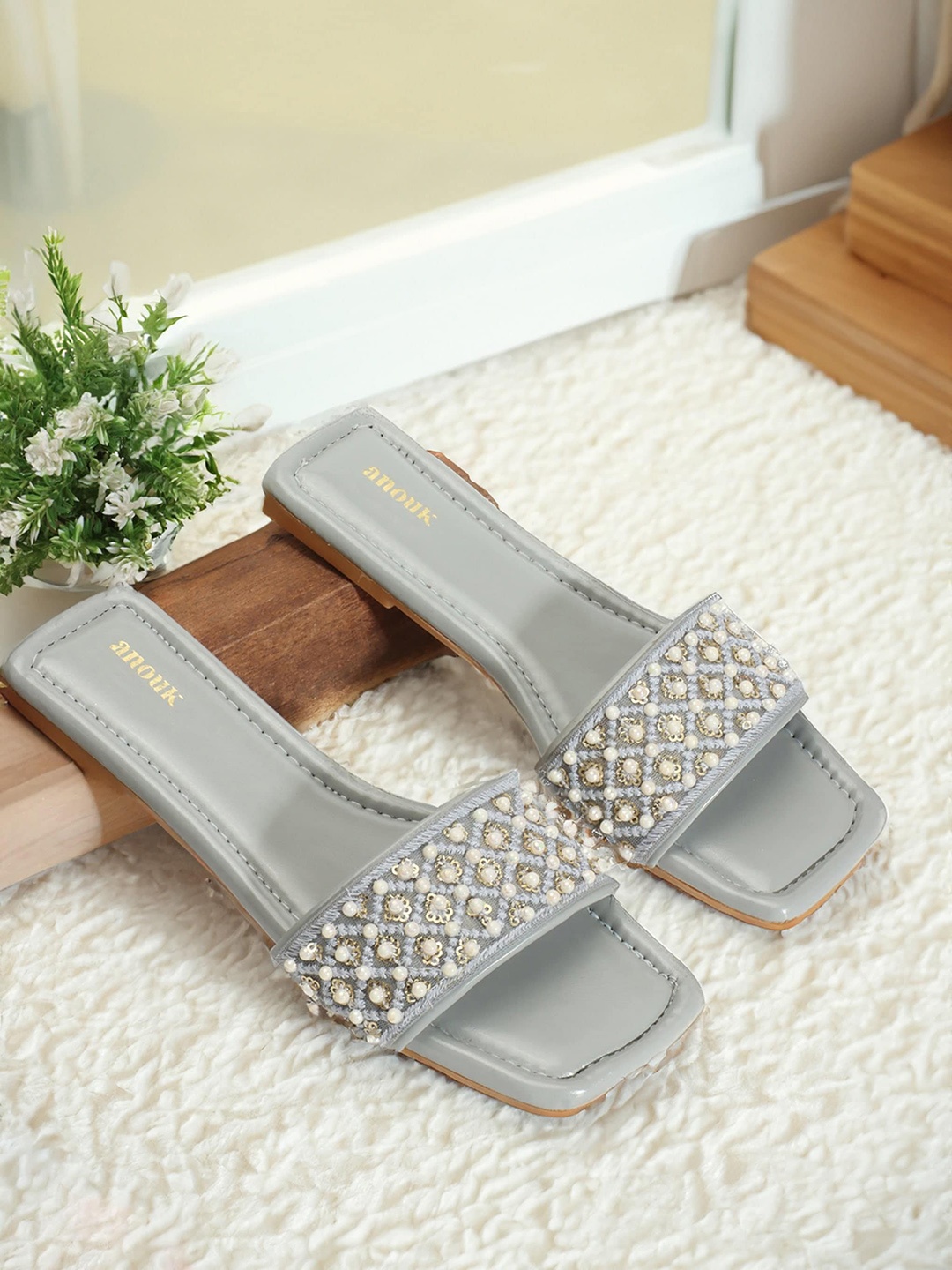 

Anouk Embellished Ethnic Open Toe Flats, Grey