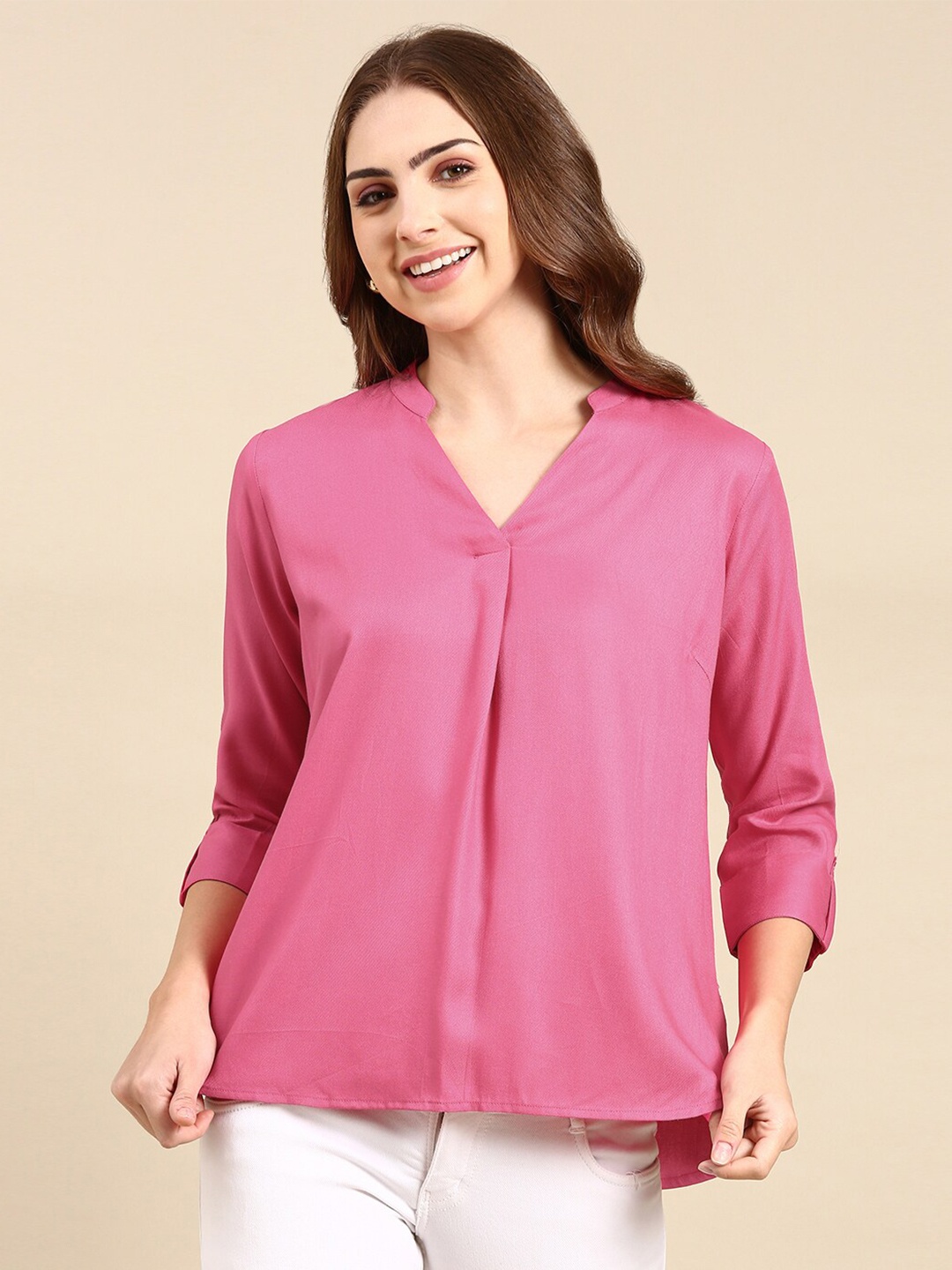 

Mast & Harbour Mandarin Collar Roll-Up Sleeves A-Line Top, Pink