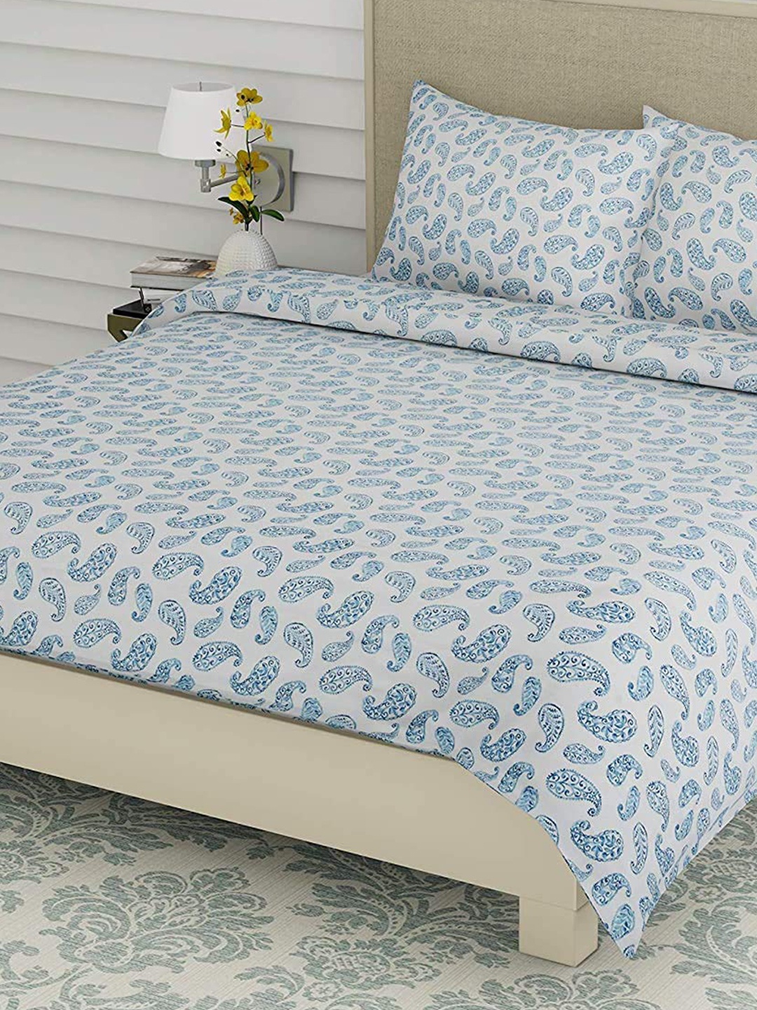 

LINENWALAS Happy Sleeping Blue & White Floral Pure Cotton 300 TC Fitted Queen Bedsheet Set