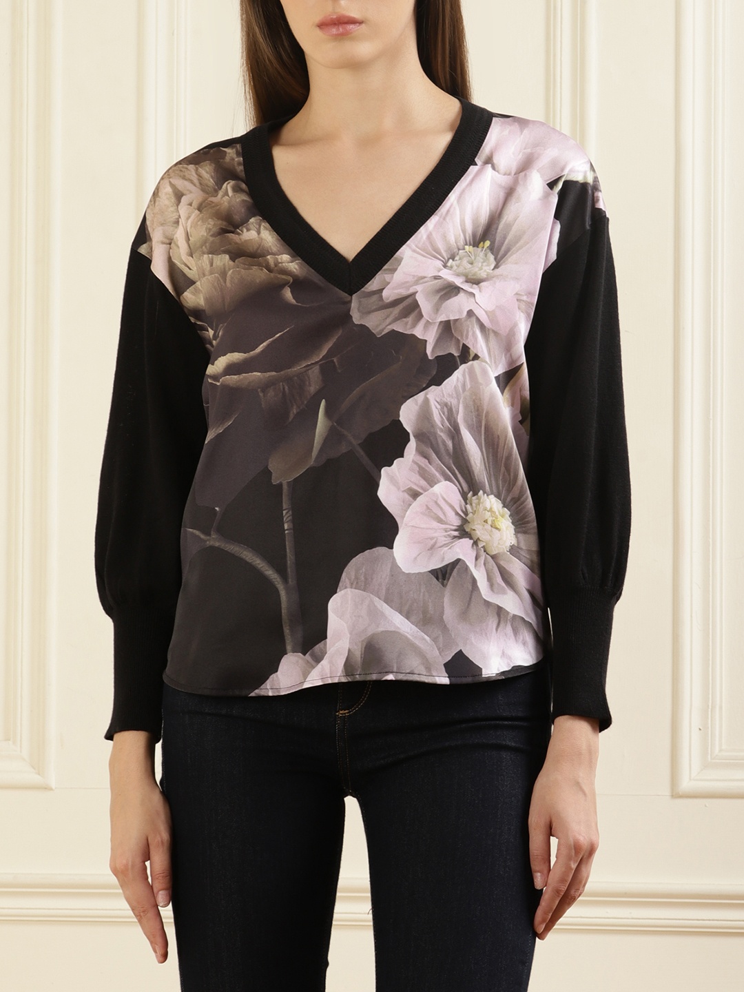 

Ted Baker Floral Printed V-Neck Pullover Sweater, Black