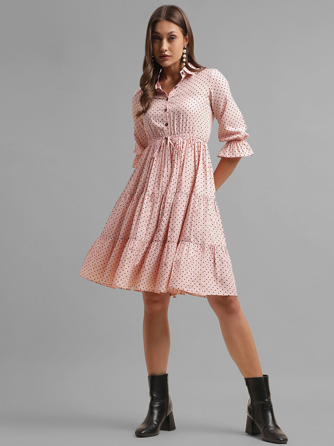 

Selvia Polka Dots Printed Shirt Collar Bell Sleeves Fit and Flare Dress, Pink