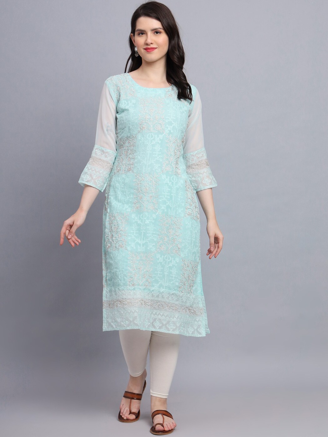 

VAIRAGEE Embroidered Flared Sleeves Chikankari Georgette Kurta, Blue
