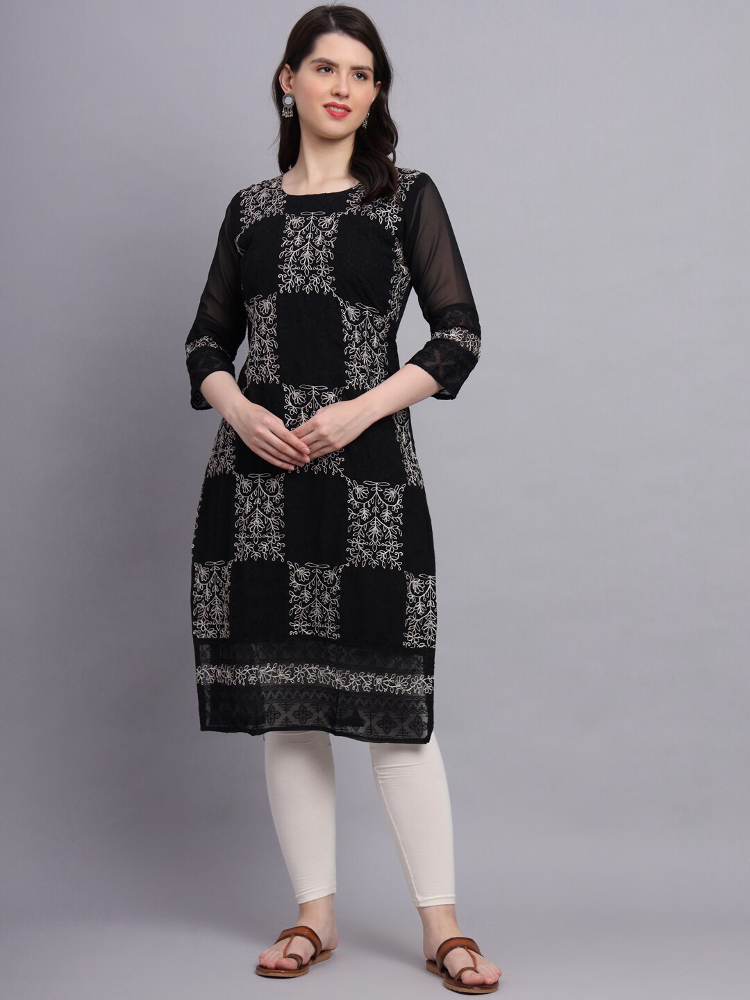 

VAIRAGEE Geometric Printed Sequinned Georgette Kurta, Black
