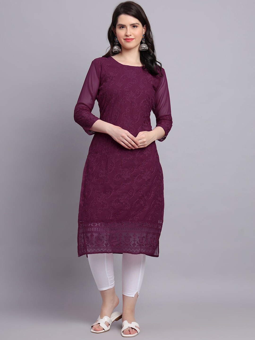 

VAIRAGEE Ethnic Motifs Embroidered Sequinned Georgette Kurta, Purple