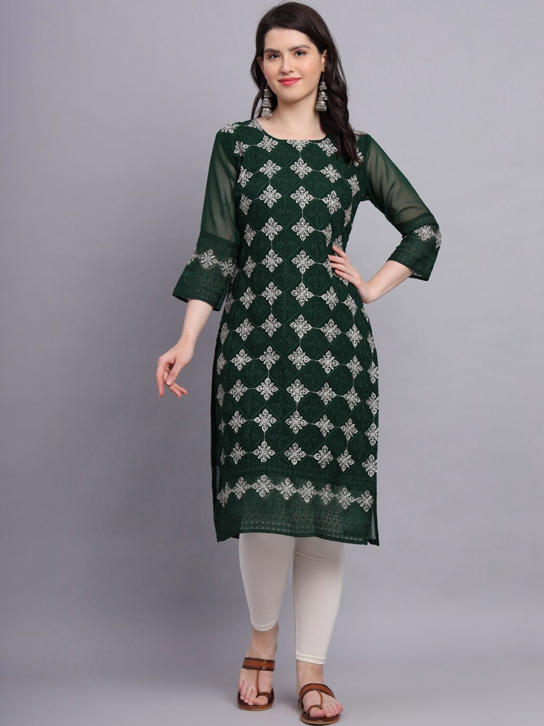 

VAIRAGEE Geometric Printed Keyhole Neck Mirror Work Georgette Kurta, Green