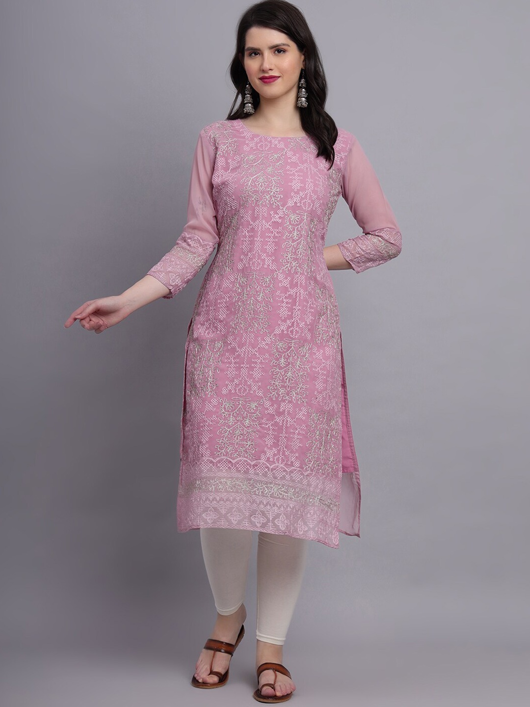 VAIRAGEE Floral Embroidered Sequinned Georgette Kurta, Mauve