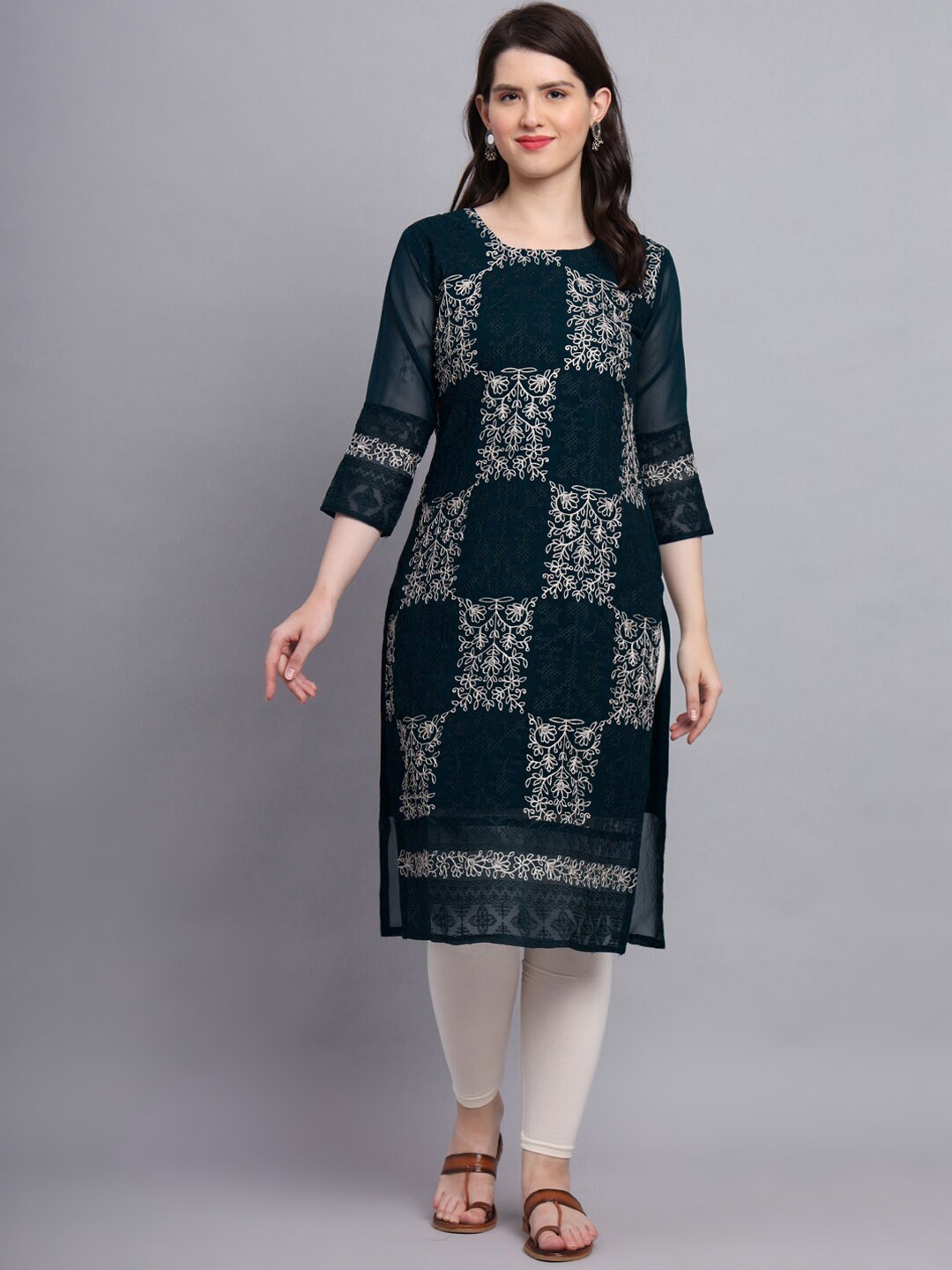

VAIRAGEE Ethnic Motifs Embroidered Thread Work Georgette Kurta, Teal