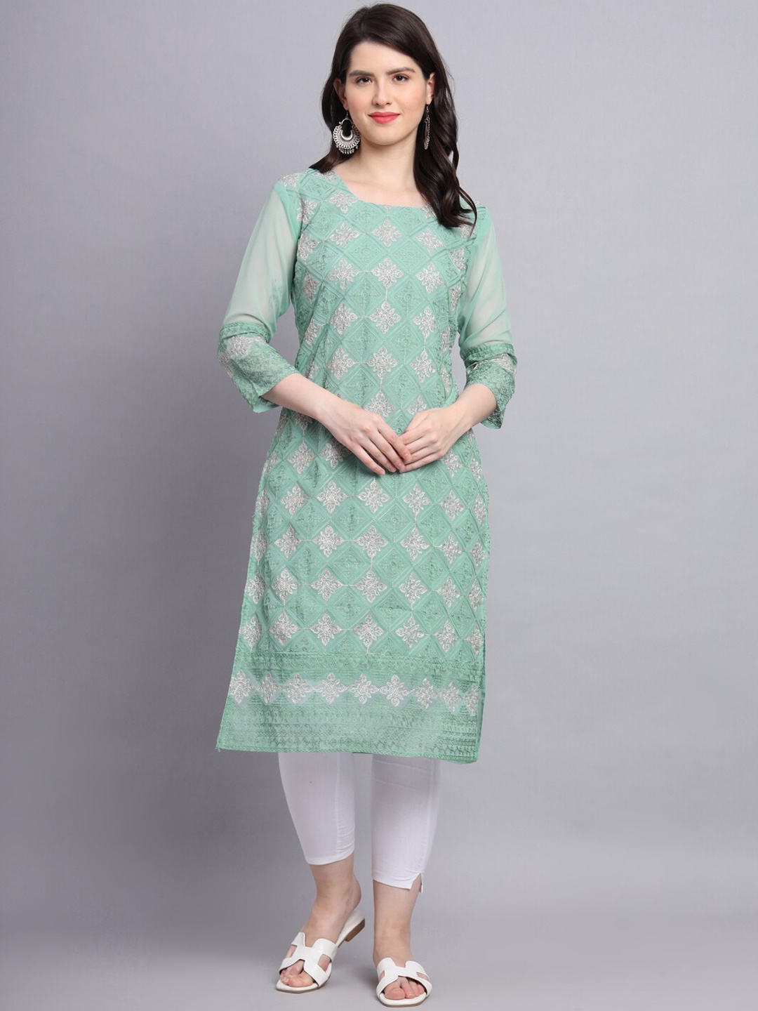 

VAIRAGEE Striped Flared Sleeves Thread Work Georgette Kurta, Turquoise blue