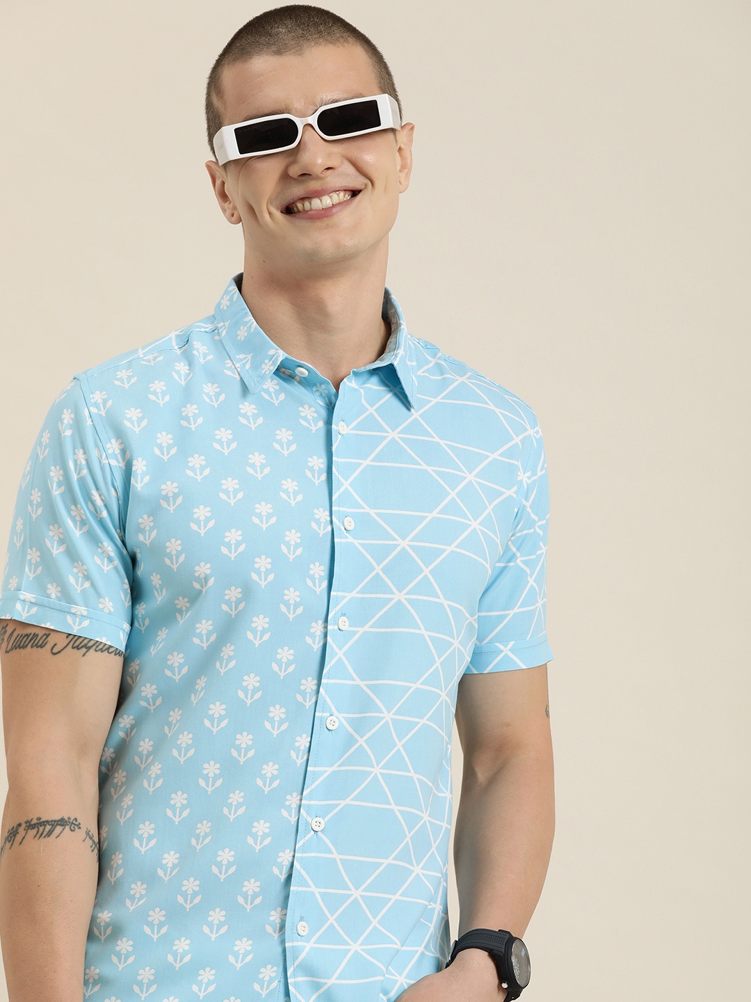 

HERE&NOW Men Slim Fit Floral Opaque Printed Casual Shirt, Turquoise blue