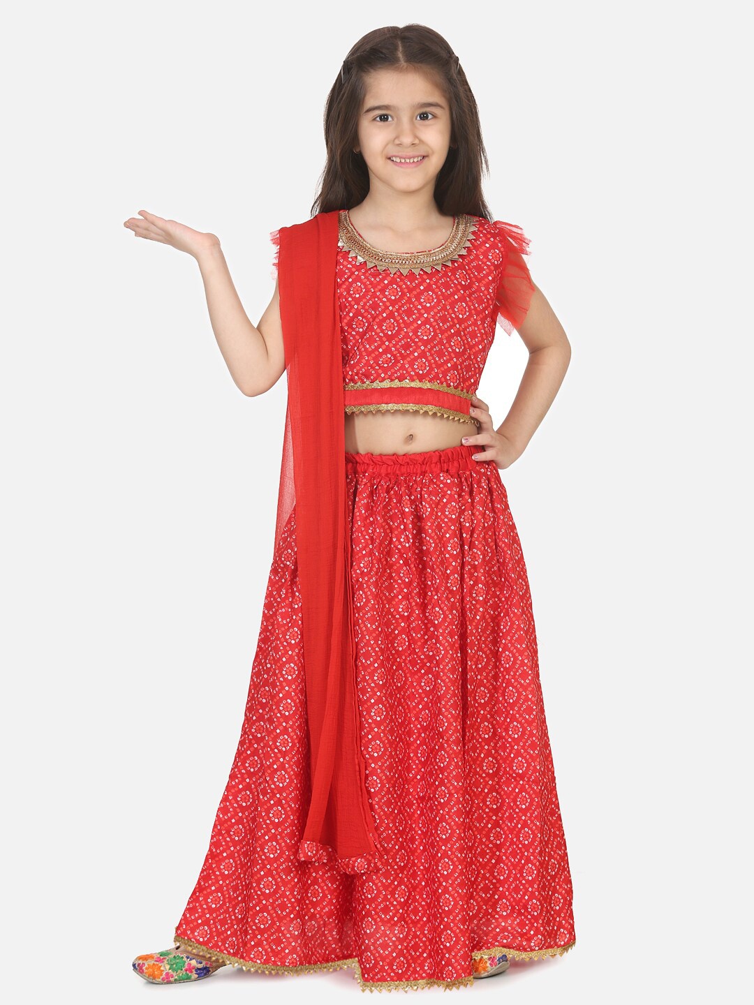 

BownBee Girls Bandhani Printed Ready to Wear Lehenga & Blouse With Dupatta, Red