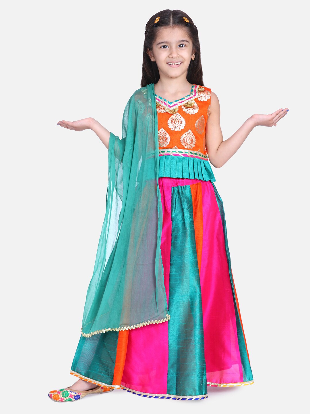 

BownBee Girls Woven Designed Ready to Wear Lehenga & Blouse With Dupatta, Orange