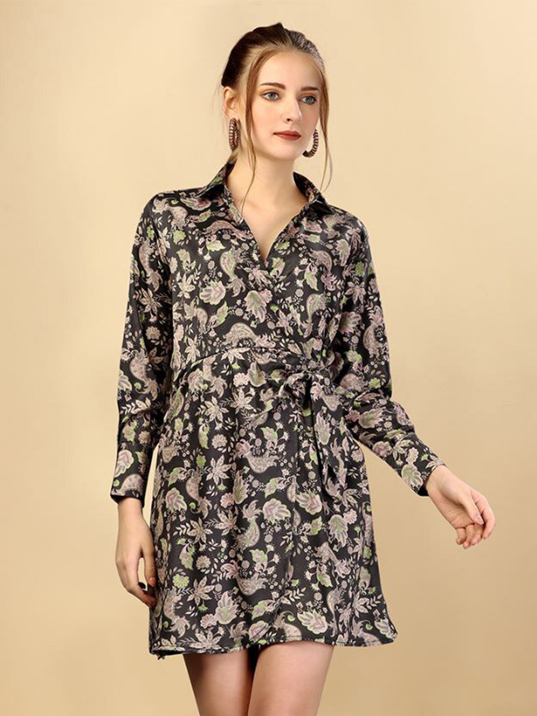 

MARGI DESIGNERS Floral Printed Shirt Collar Cuffed Sleeve Tie Up Wrap Dress, Black