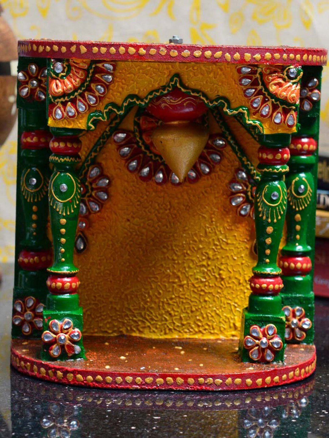

eCraftIndia Yellow & Green Textured Wooden Pooja Shelf