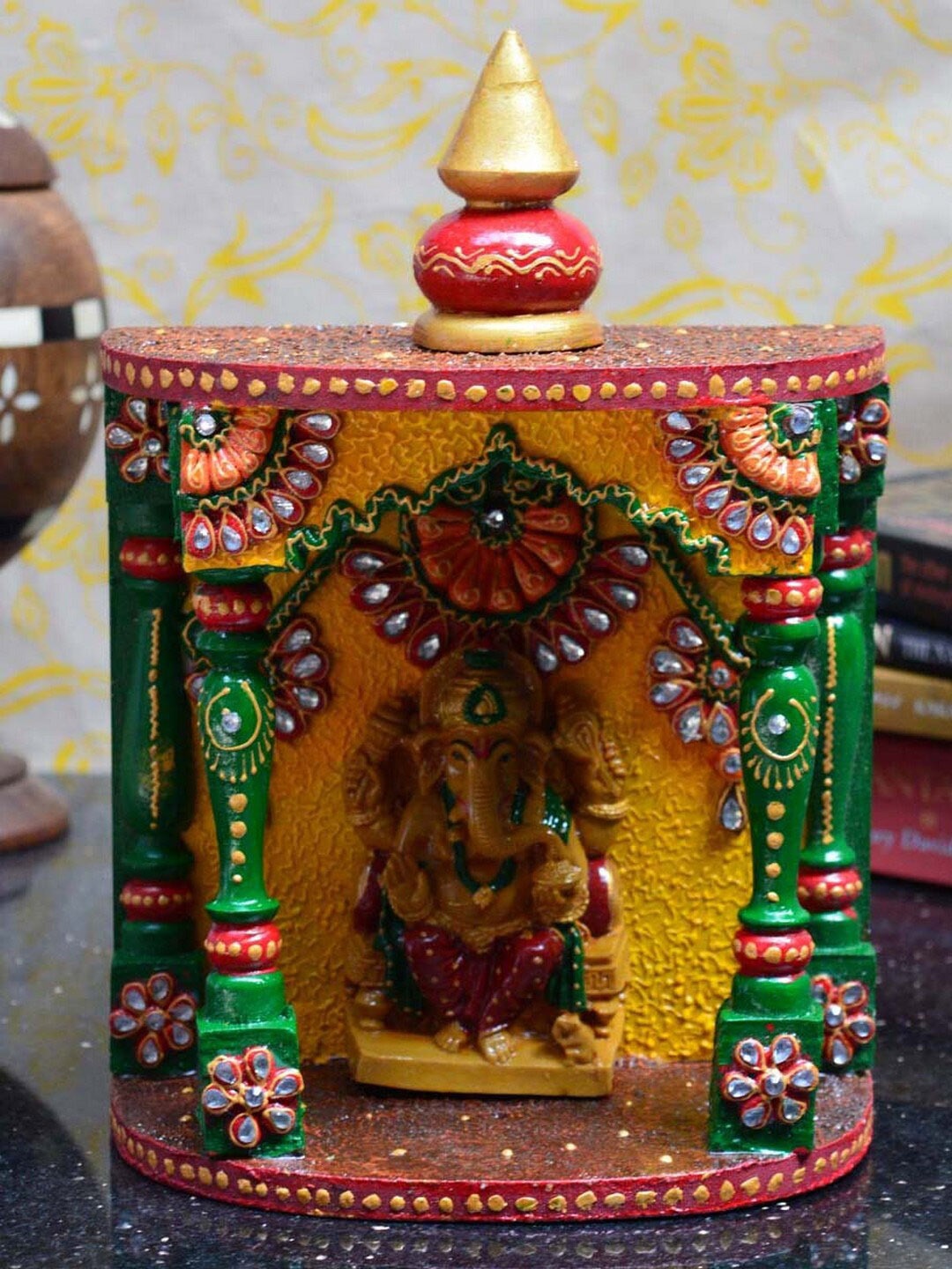 

eCraftIndia Yellow & Green Textured Kundan Mandir With Lord Ganesha