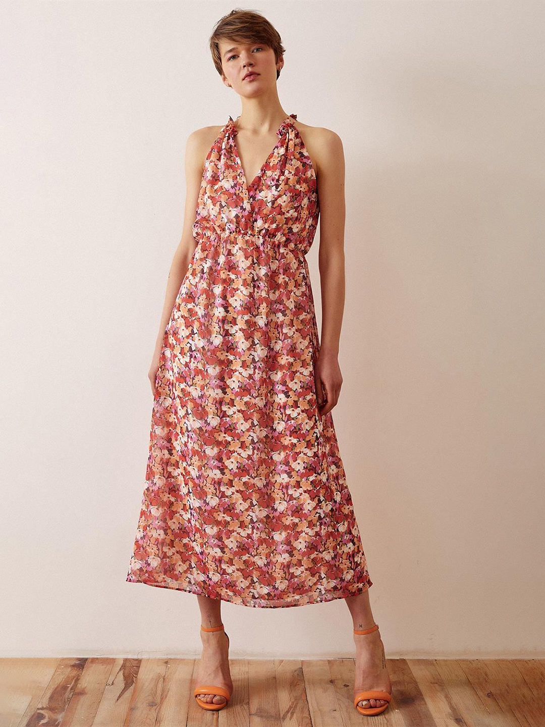 

PRET A TUER Floral Printed Halter Neck A-Line Dress, Cream