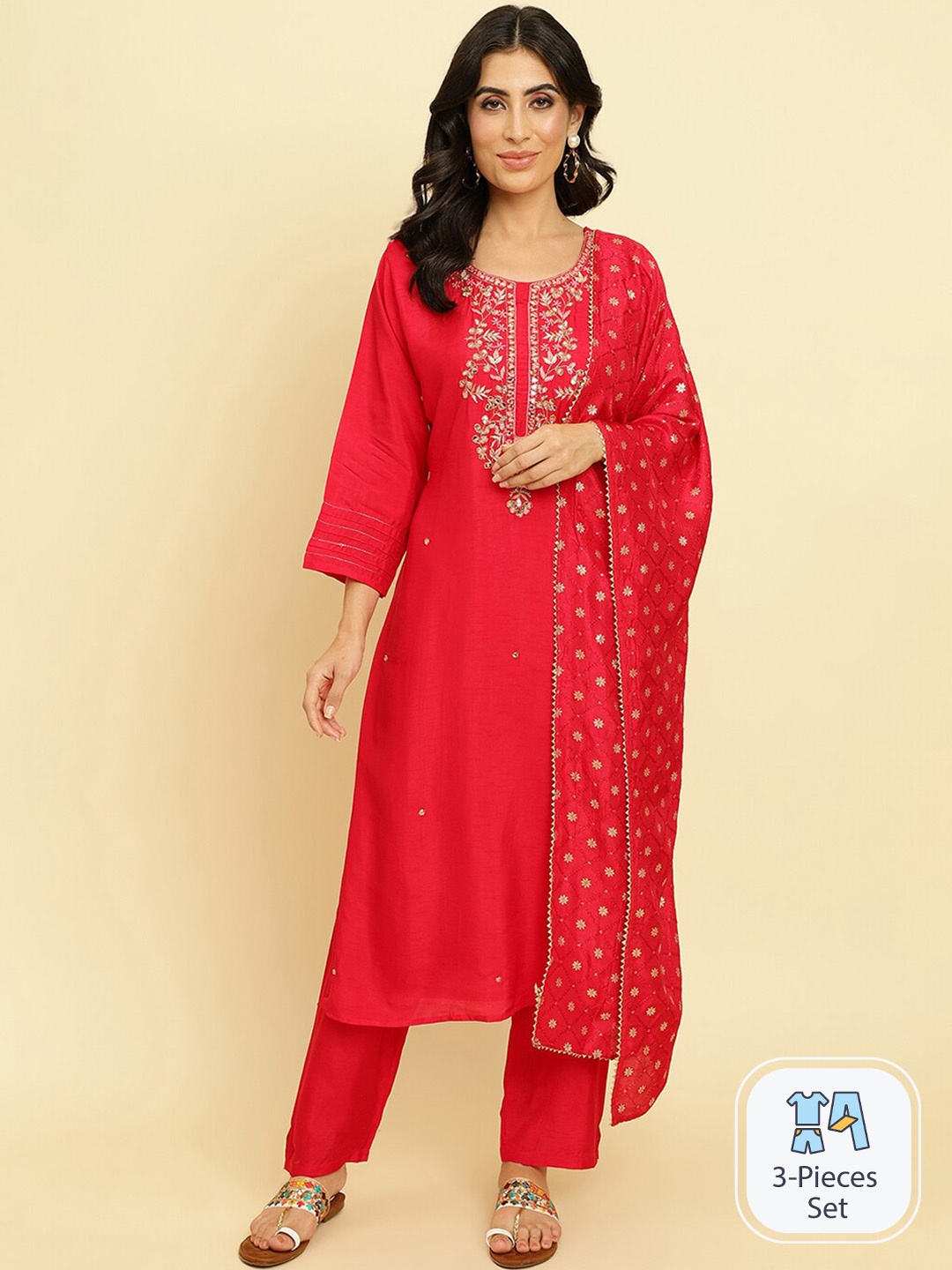 

Varanga Ethnic Motifs Yoke Design Zari Work Kurta With Trousers & Dupatta, Red