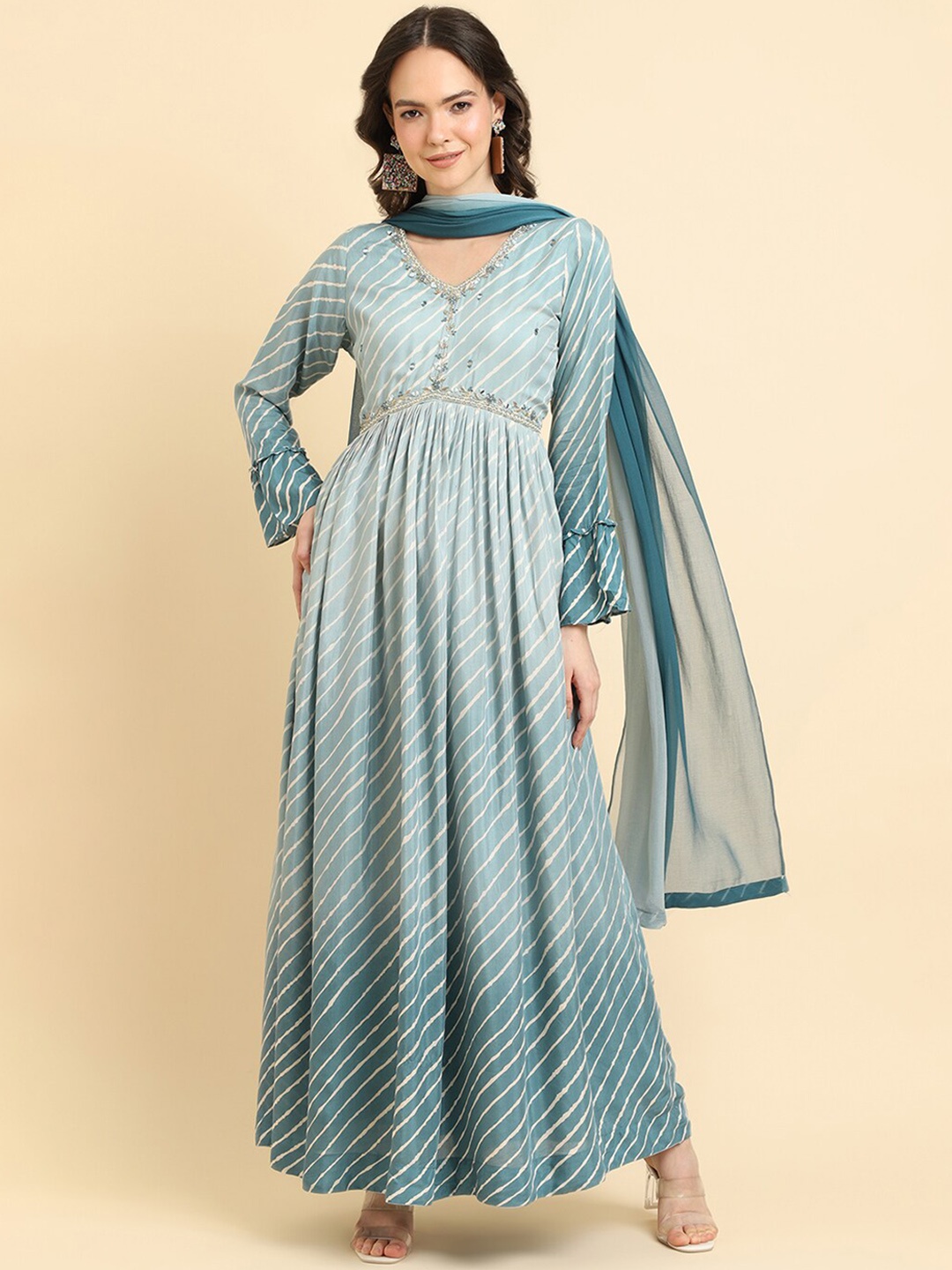 

Varanga Leheriya Striped Flared Sleeves Gotta Patti Anarkali Kurta, Blue
