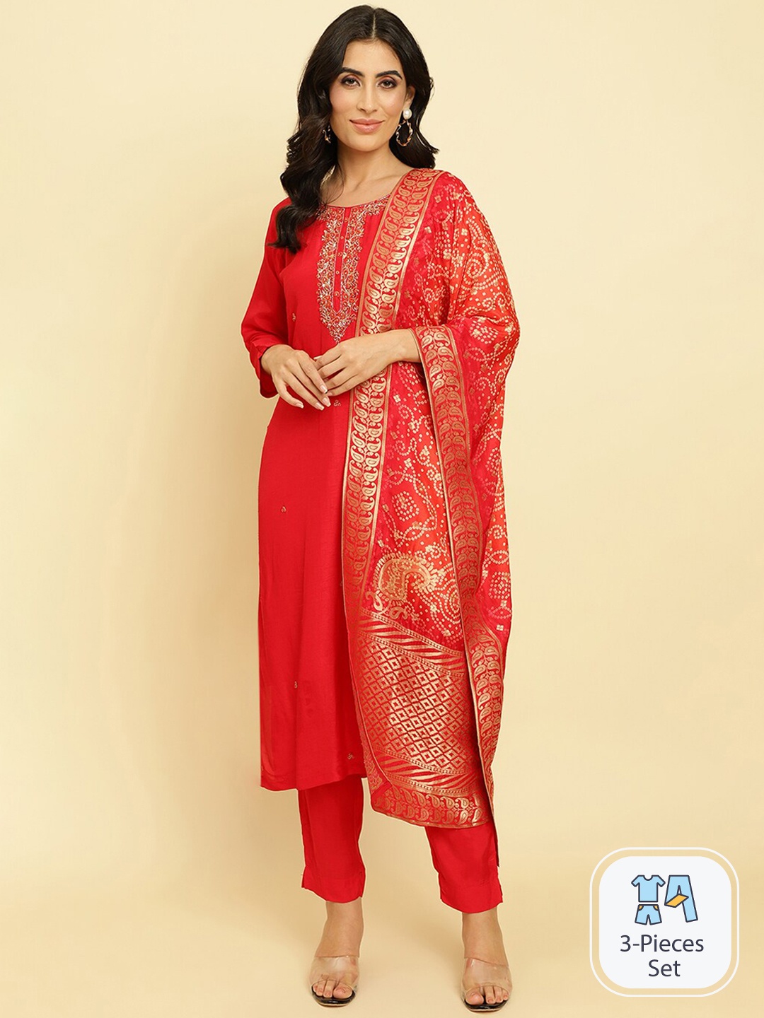 

Varanga Ethnic Motifs Embroidered Beads and Stones Kurta with Trousers & Dupatta, Red