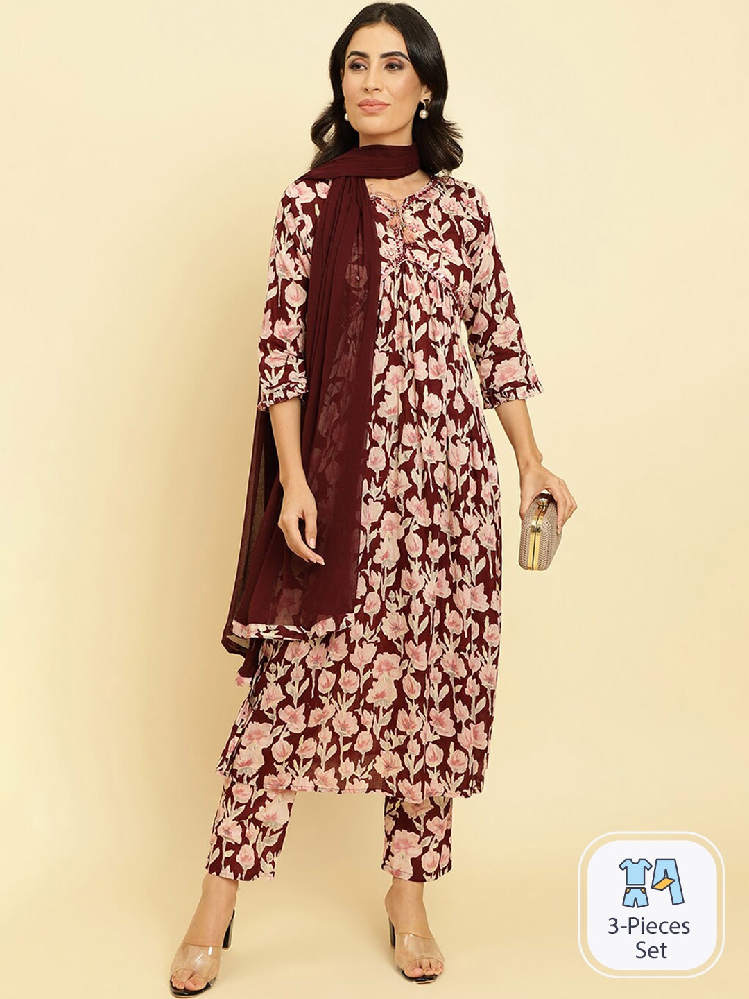 

Varanga Floral Printed Empire Mirror Work Pure Cotton Kurta With Trousers & Dupatta, Maroon