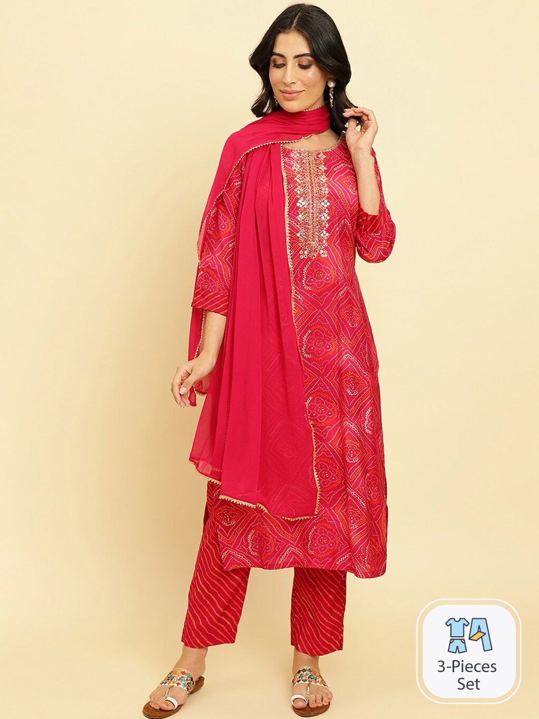 

Varanga Bandhani Printed Regular Chanderi Silk Kurta with Trousers & Dupatta, Fuchsia