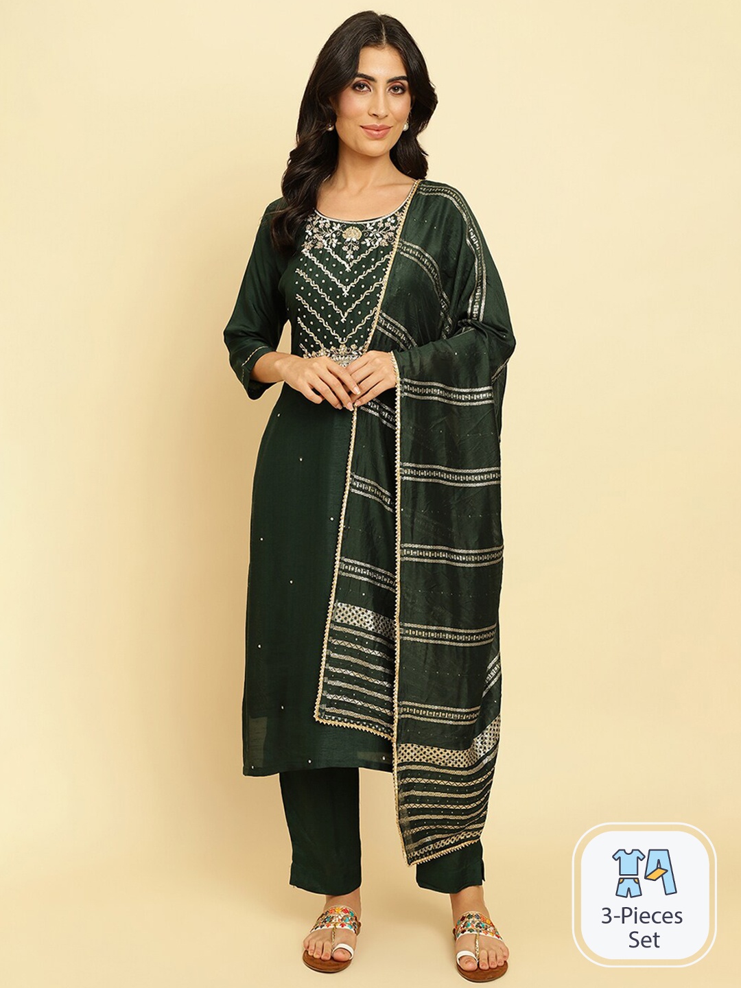 

Varanga Ethnic Motifs Embroidered Regular Beads and Stones Kurta with Trousers & Dupatta, Green