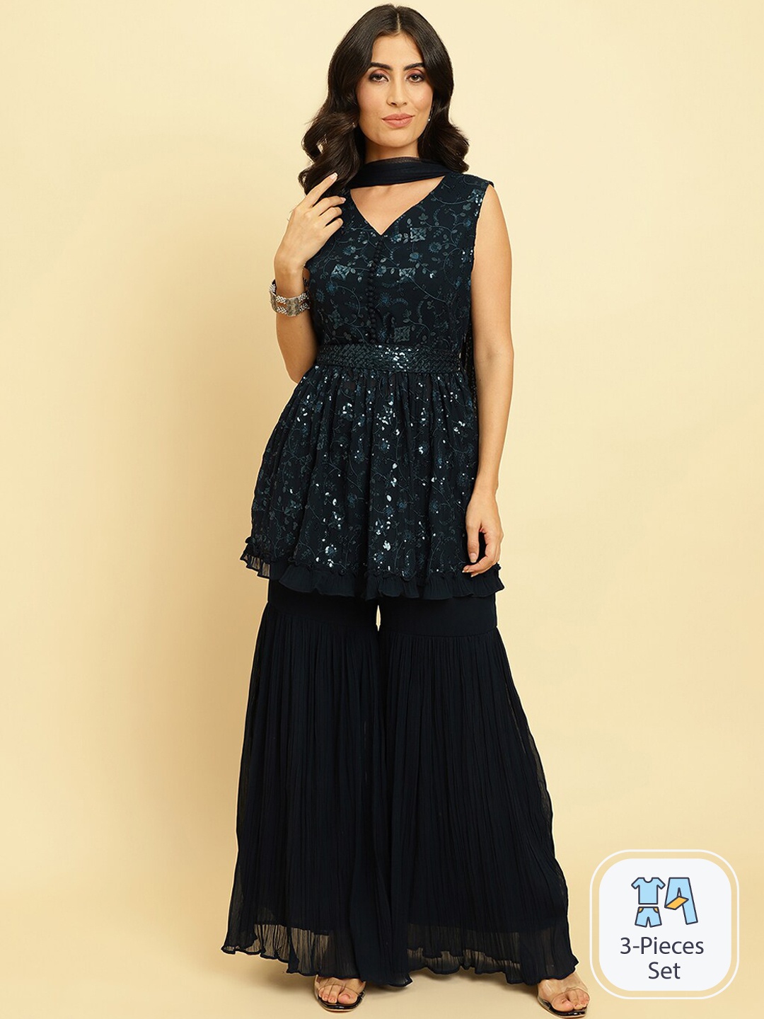 

Varanga Floral Embroidered Empire Sequinned Kurta With Sharara & Dupatta, Navy blue