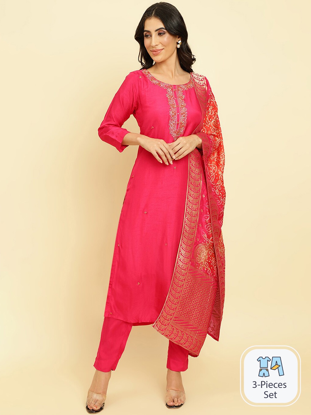 

Varanga Ethnic Motifs Embroidered Kurta with Trousers & Dupatta, Fuchsia