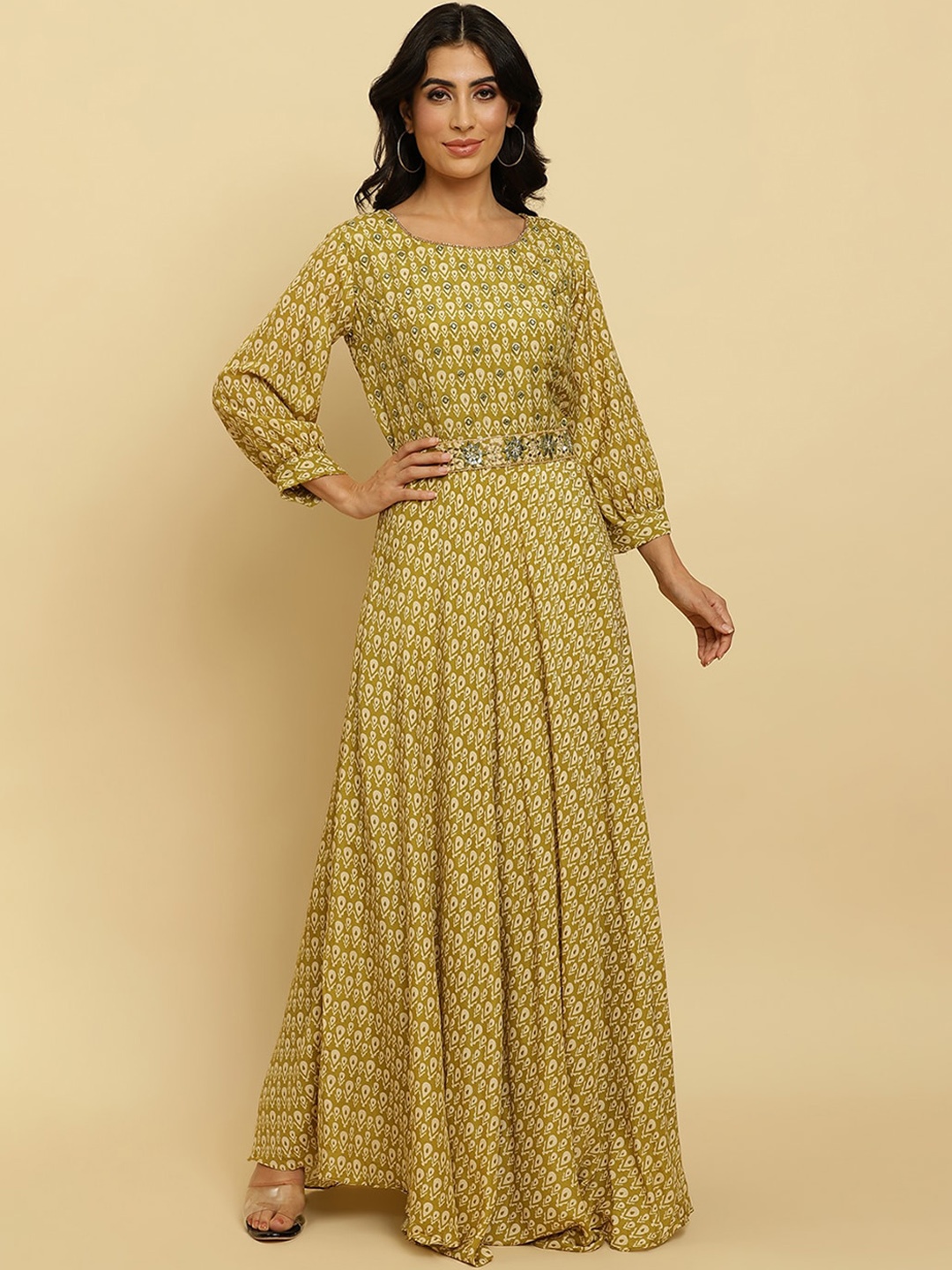 

Varanga Ethnic Motifs Printed Embellished Silk A-Line Ethnic Dress, Olive