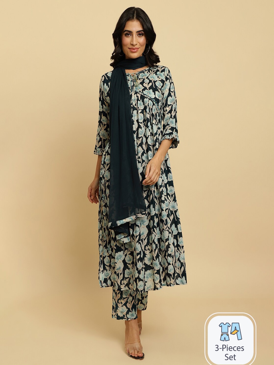 

Varanga Floral Printed Empire Mirror Work Pure Cotton Kurta With Trousers & Dupatta, Teal