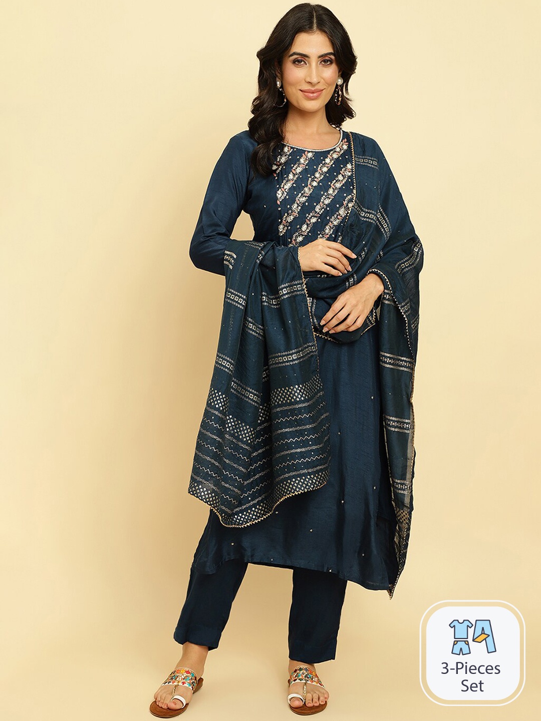 

Varanga Ethnic Motifs Embroidered Beads and Stones Kurta With Trousers & Dupatta, Blue