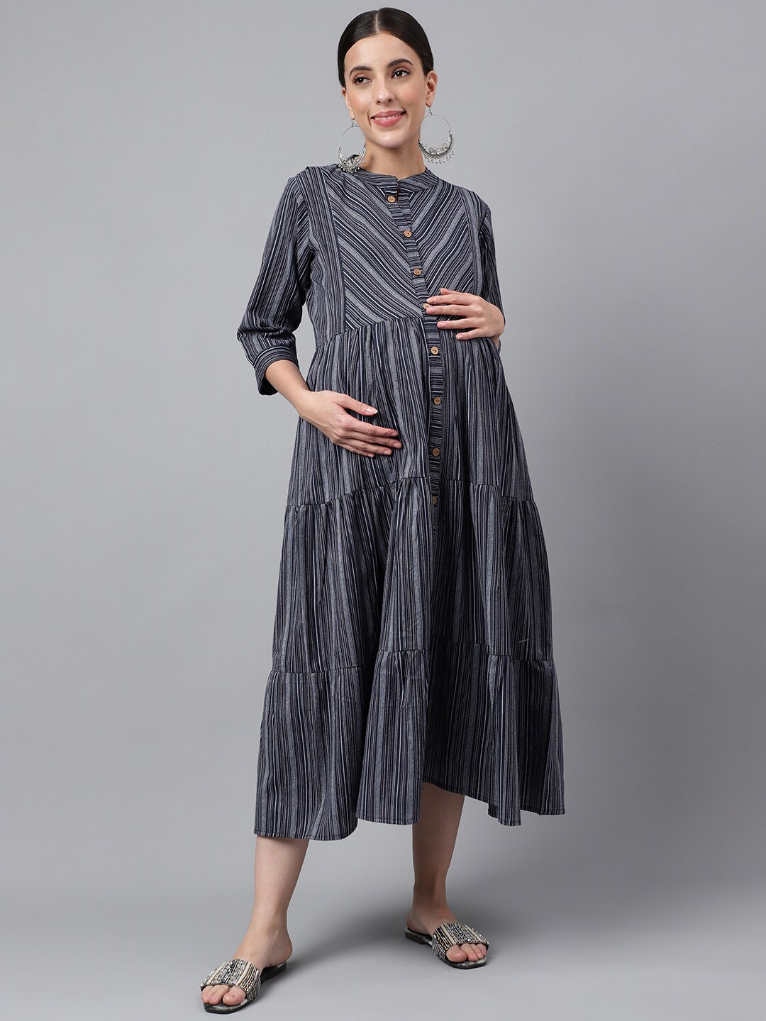 

Negen Striped Tiered Cotton Maternity A-Line Midi Dress With Feeding Zip, Blue
