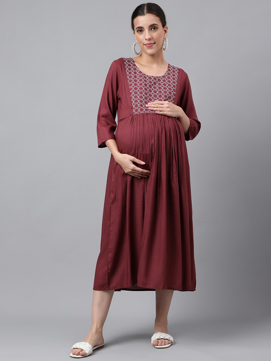 

Negen Embroidered Maternity A-Line Midi Dress, Maroon