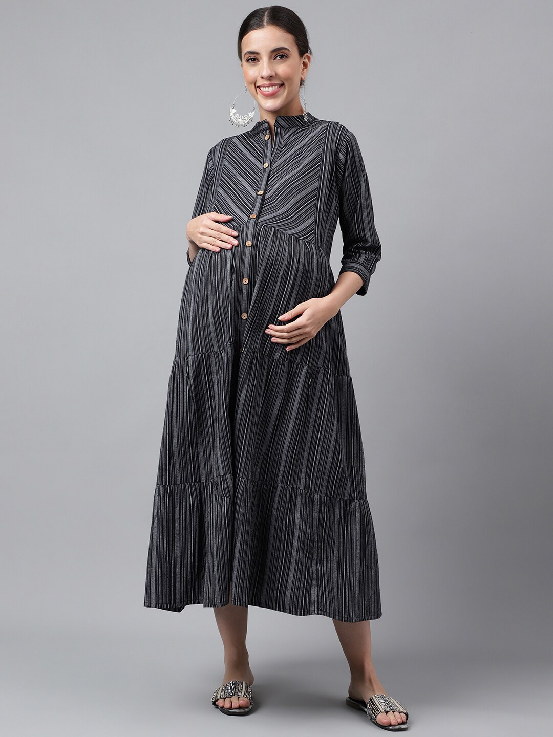 

Negen Vertical Striped Maternity A-Line Cotton Midi Dress, Black