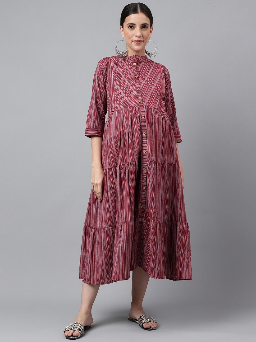 

Negen Striped Tiered Cotton Maternity A-Line Midi Dress With Feeding Zip, Maroon