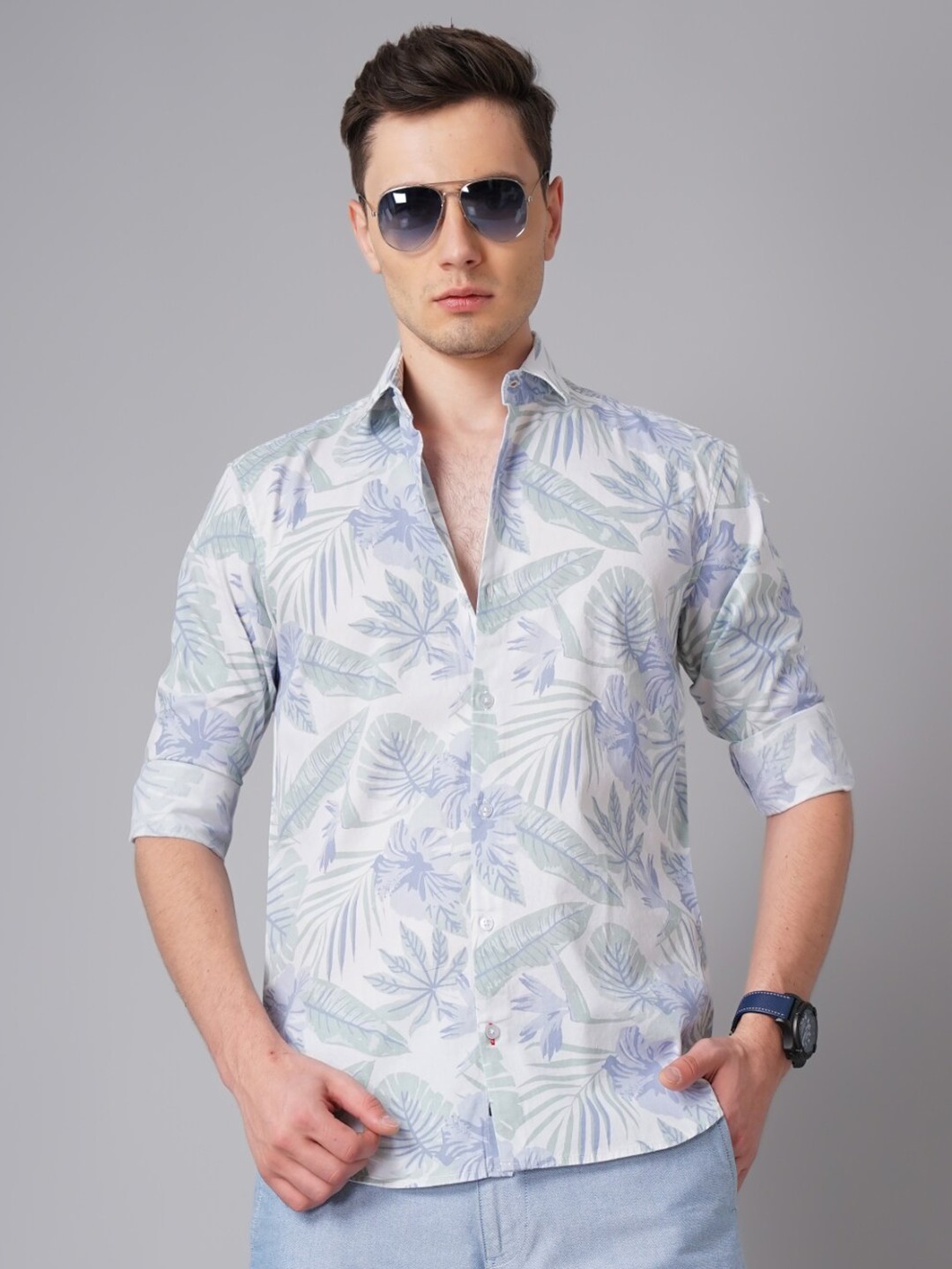 

PAUL STREET Standard Floral Printed Cotton Casual Shirt, White