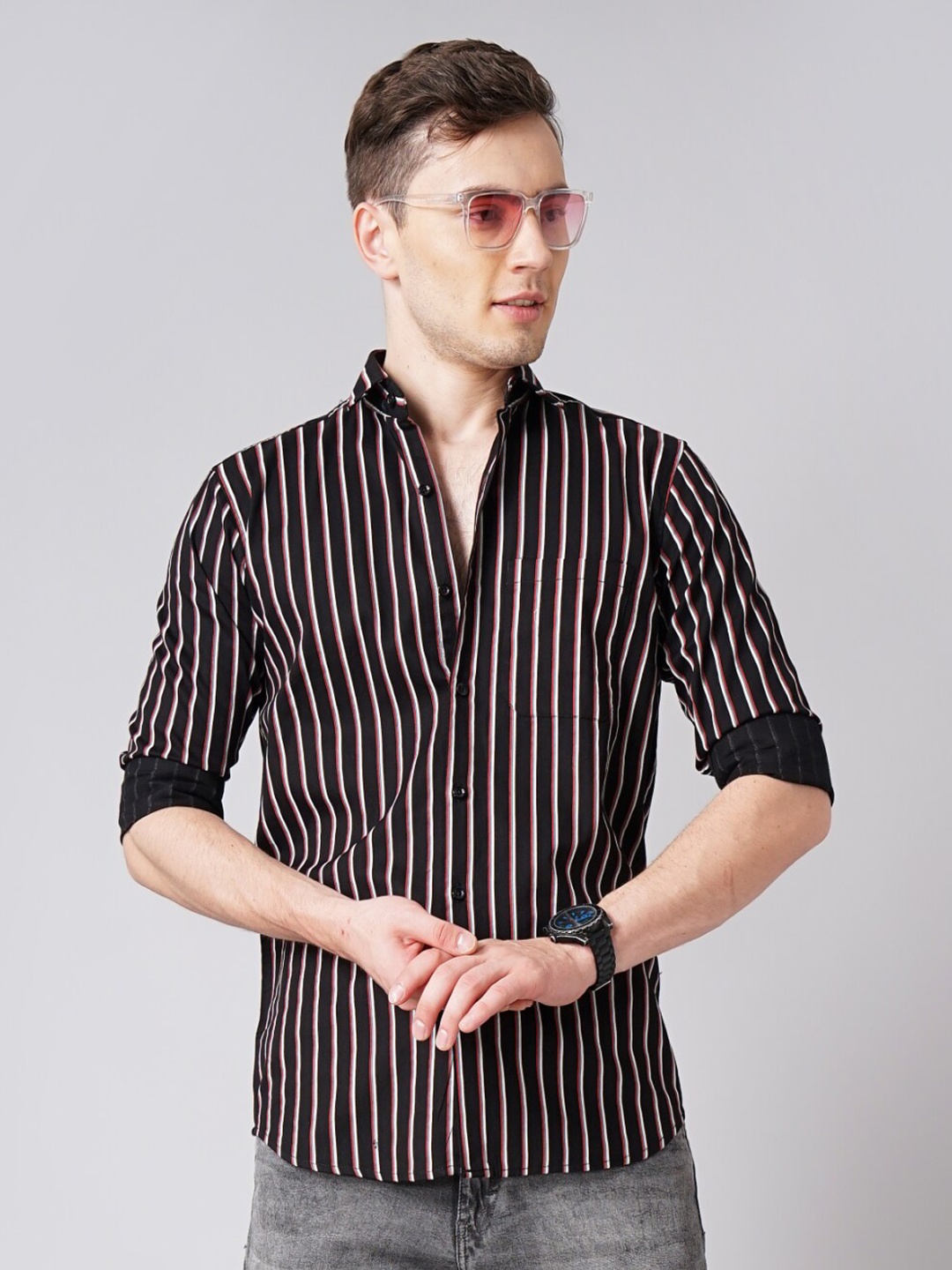

PAUL STREET Standard Vertical Striped Spread Collar Cotton Casual Shirt, Black