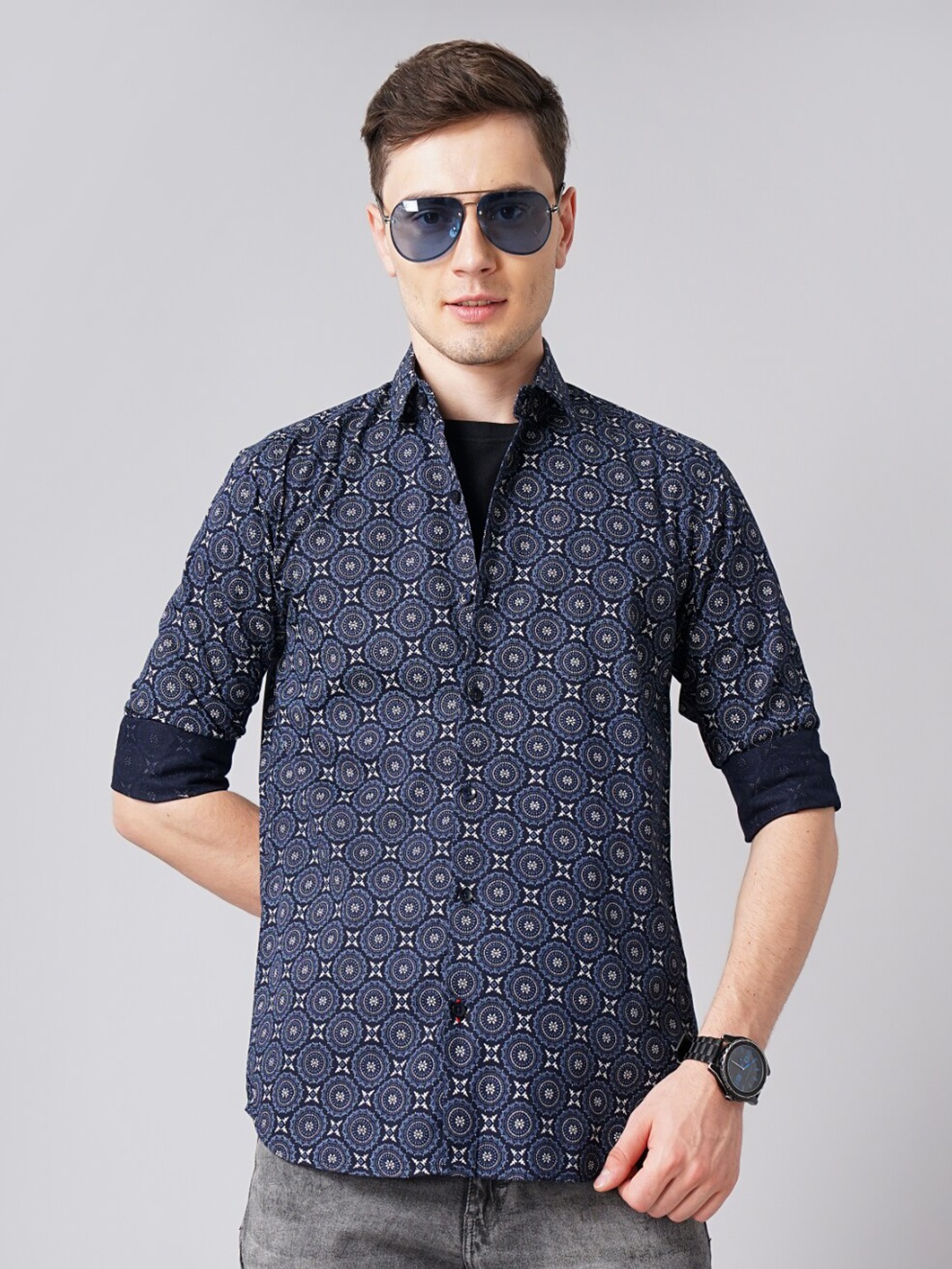 

PAUL STREET Standard Ethnic Motifs Printed Cotton Casual Shirt, Navy blue