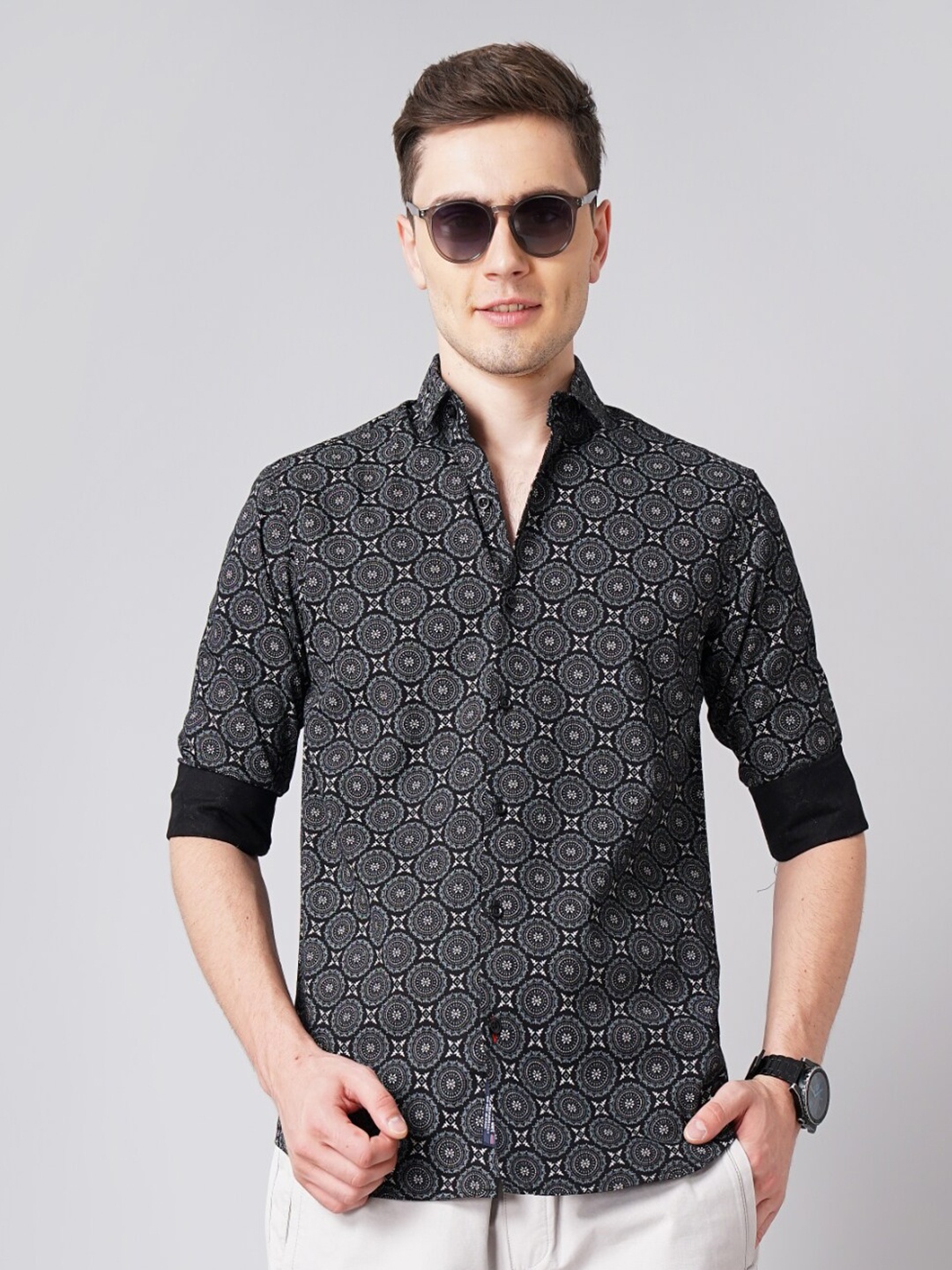 

PAUL STREET Standard Ethnic Motifs Printed Cotton Casual Shirt, Black