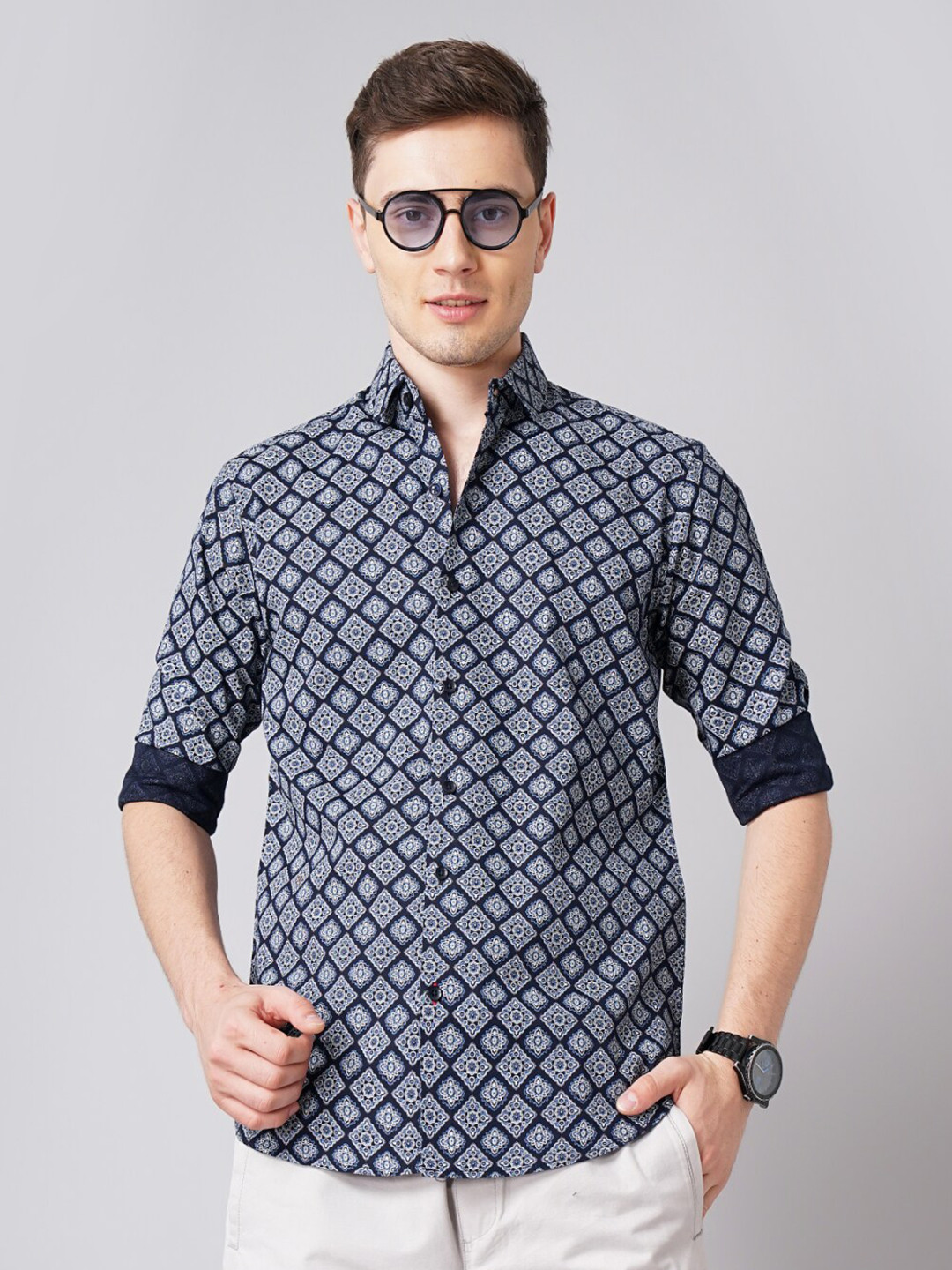 

PAUL STREET Standard Ethnic Motifs Printed Cotton Casual Shirt, Navy blue