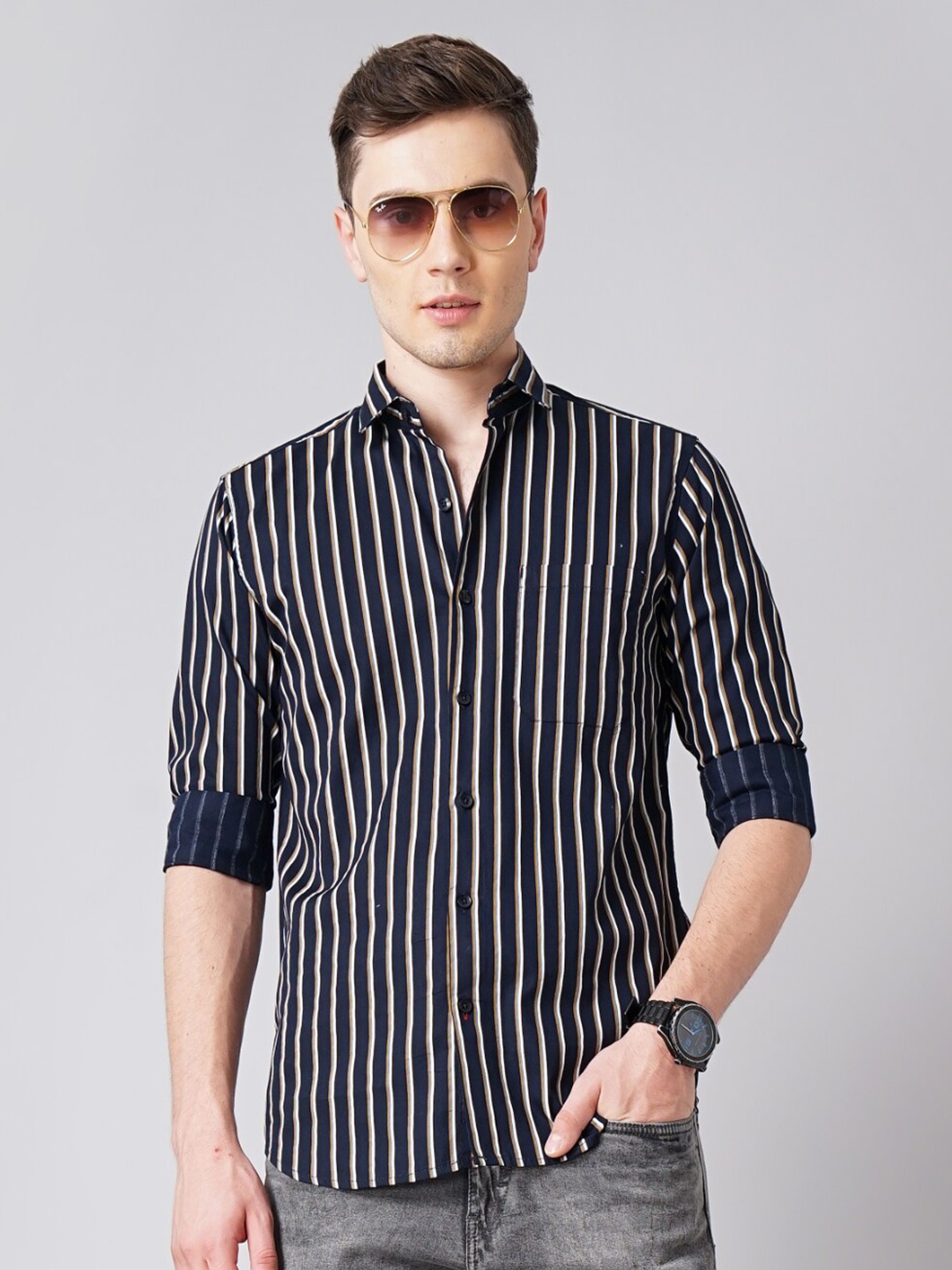 

PAUL STREET Standard Vertical Striped Spread Collar Cotton Casual Shirt, Navy blue