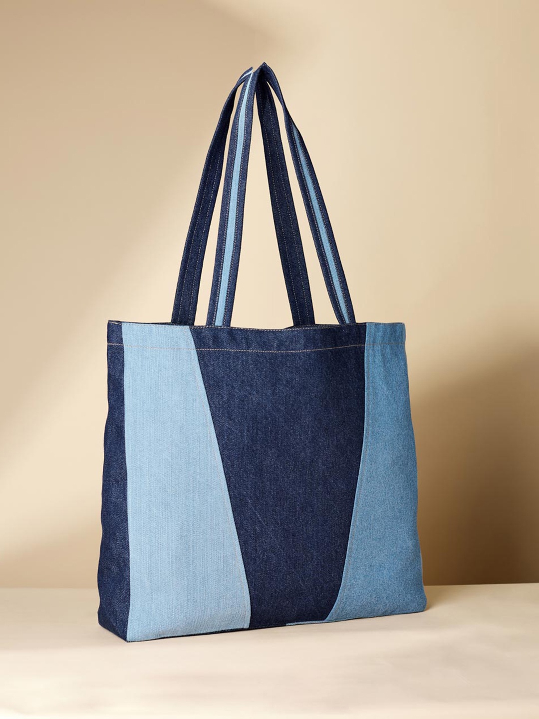

Fabindia Oversized Colourblocked Structured Tote Bag, Blue