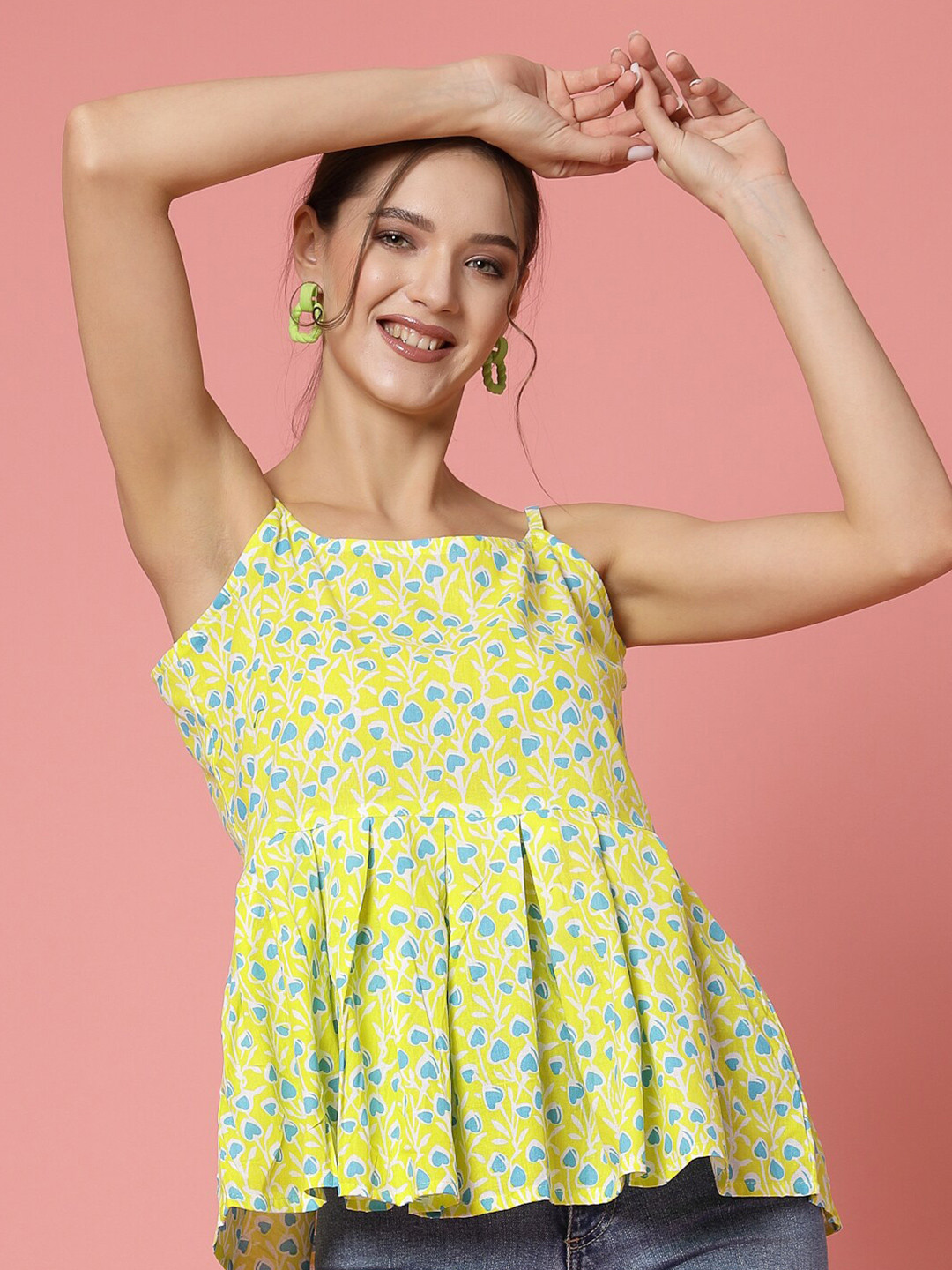 

ATRAENTA Floral Printed Cotton Empire Top, Yellow