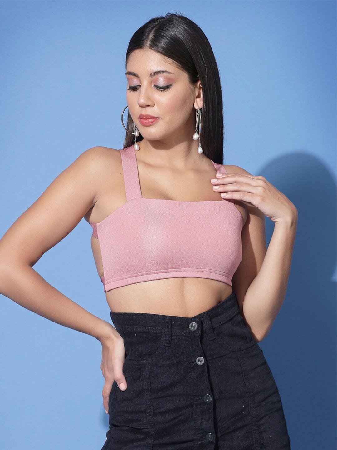 

ATRAENTA Shoulder Straps Styled Back Crop Top, Pink